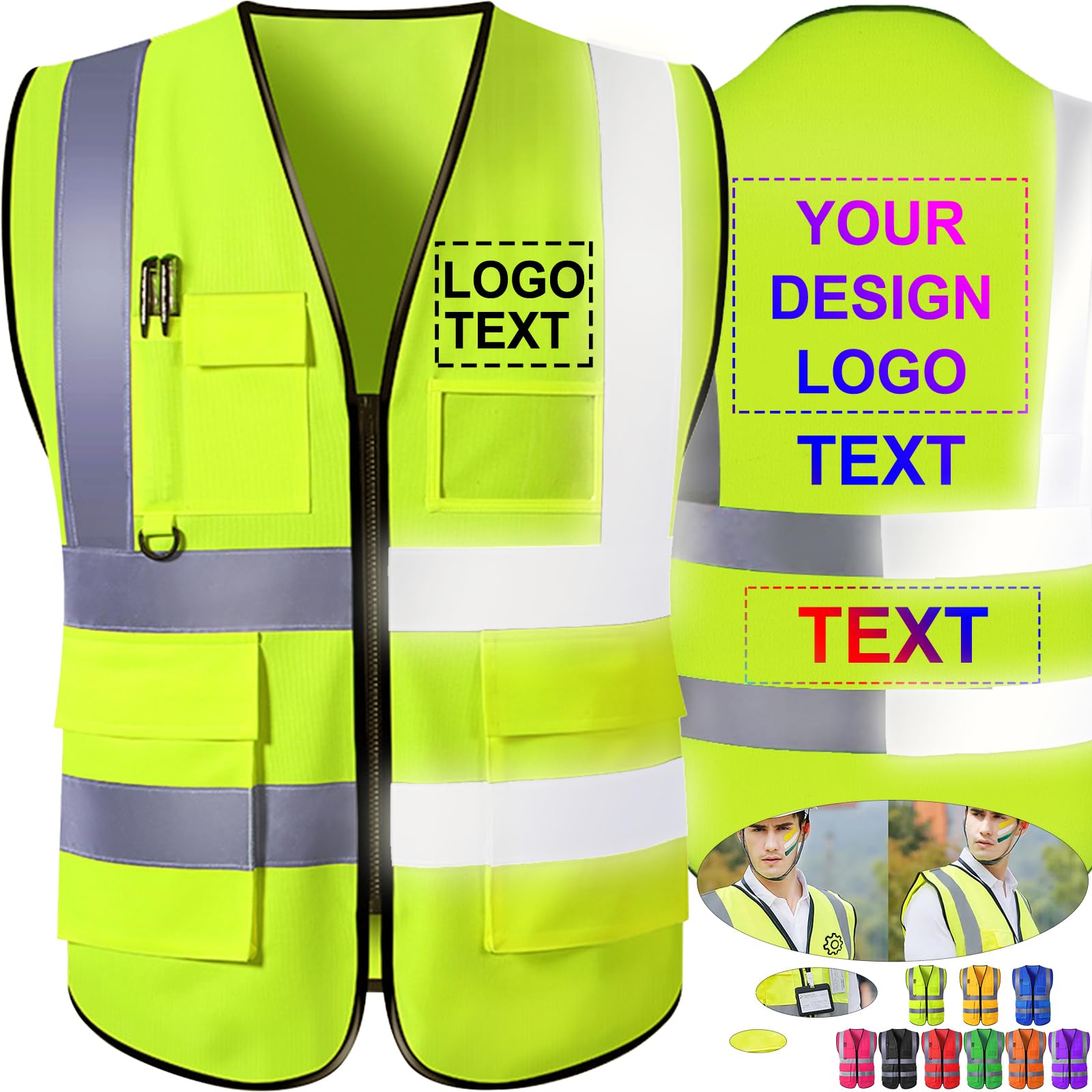 Custom Safety Vest High Visibility Reflective Logo Vests with Pockets Class 2 for Men Women Construction Work (S-5XL)