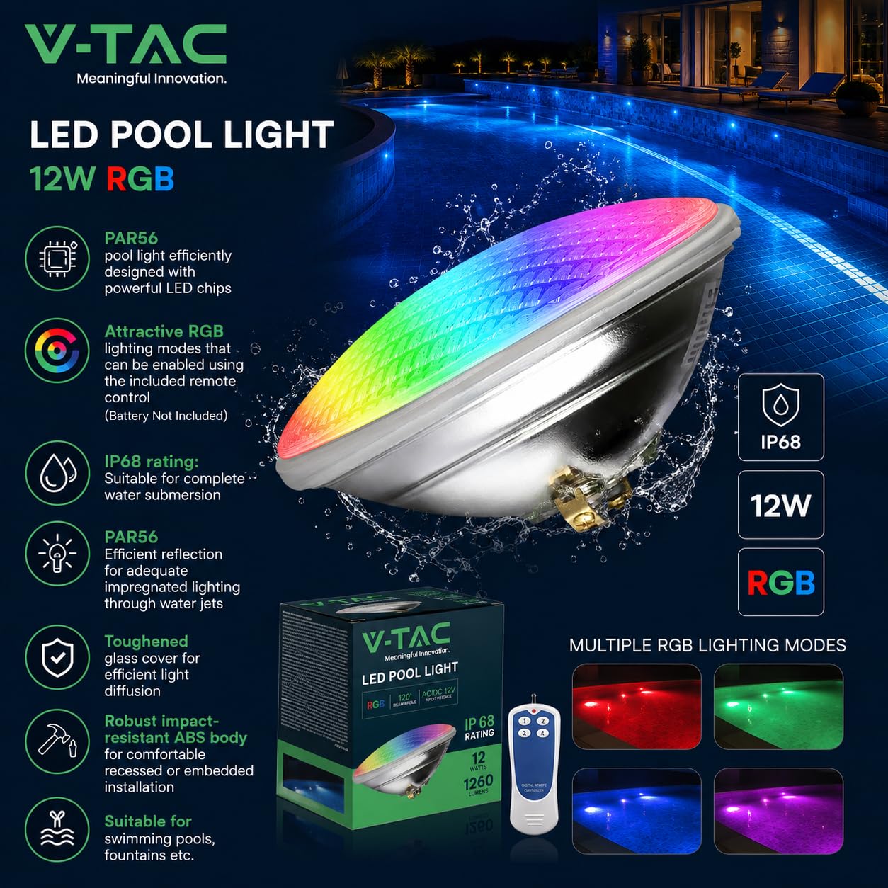 V-TAC Lampada Led da Piscina Multicolore RGB 12W - CON TELECOMANDO - PAR56 - Lampada Vetro Antiurto IP68 per Illuminazione Piscine e Fontane - 1260 Lumen - Luce Colorata Subacquea