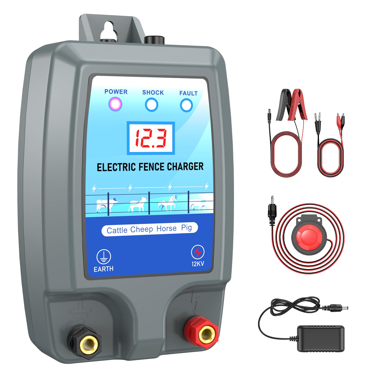 2 Joule Electric Fence Charger with Siren Alarm,12000V High-Power Output Electric Fence Energizer with LED Display, AC DC Multi-Powered Fence Charger Ideal for Livestock, Poultry & Gardens