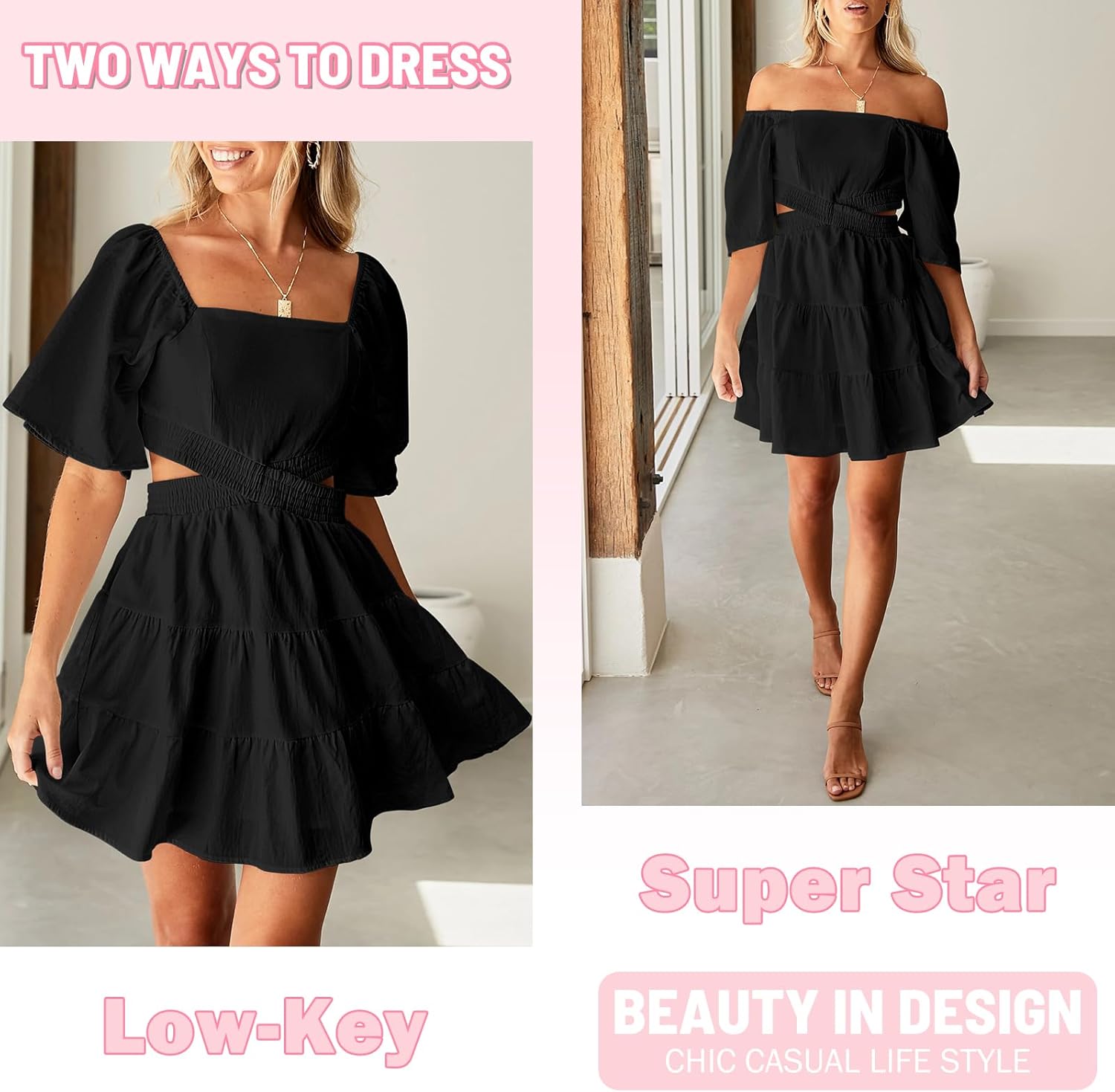 Senllen Womens Summer Dresses 2025 Short-Sleeve Square Neck Mini Dress Crossover Elastic Waist Casual Party Tiered Dress - Image 4