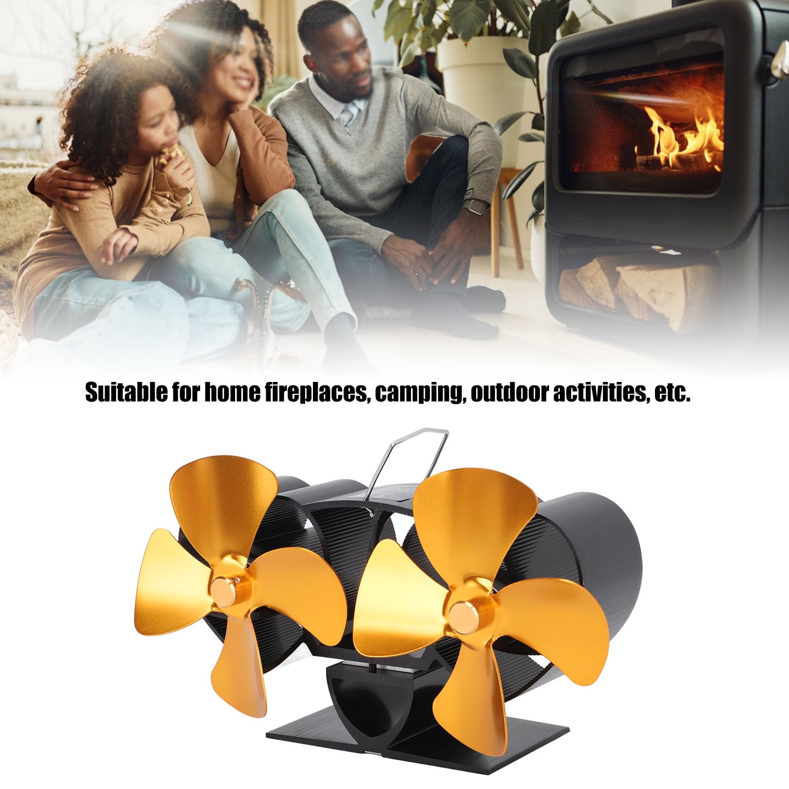 SIXRUN Ventilador de Estufa Aleación de Aluminio 4 Aspas Ventilador de Estufa de Leña Reemplazo de de Chimenea Accionado por Calor de Doble Cabezal para de Queroseno de Leña Calefacción del Hogar
