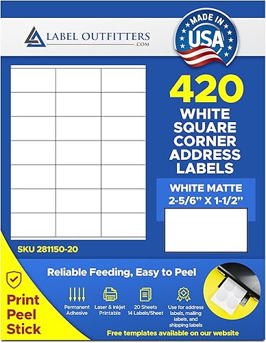 Label Outfitters - 420 etiquetas de código de barras con adhesivo permanente, color blanco mate, para dirección de esquina, color blanco mate, 420