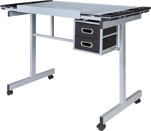 Miniatura 9 de OneSpace Estación de manualidades, escritorio de arte, escritorio de cristal ajustable con cajones y bandejas de suministros, color plateado