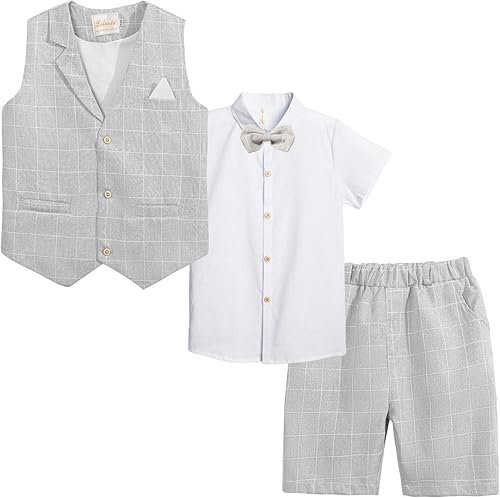Miniatura 2 de Traje de verano para niños, ropa de vestir para niños, traje de portador de anillo de boda, 4 piezas, camisa, chaleco y pantalones cortos