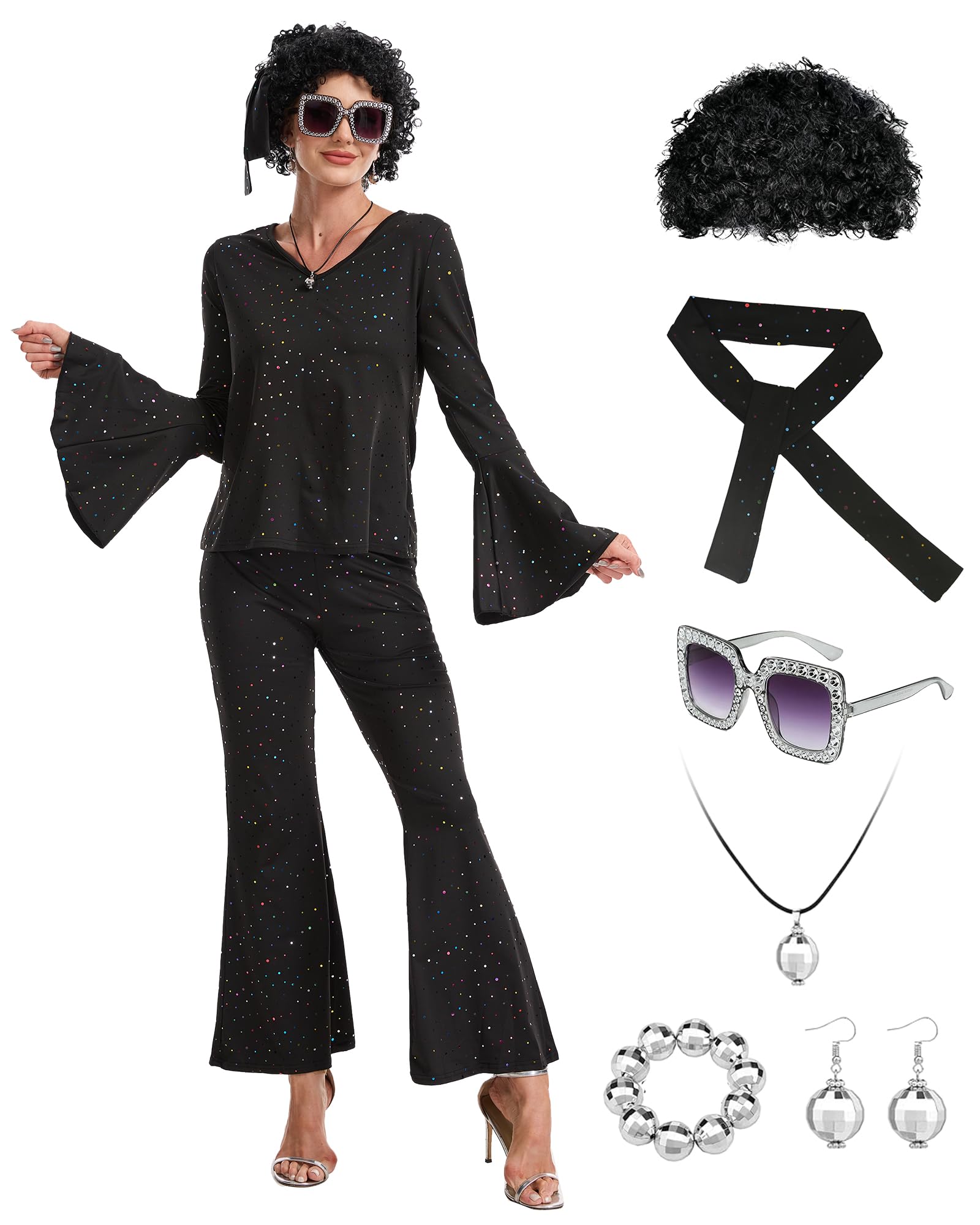LLTTEER Women's 70s Disco Outfit Costume Set 9 Pieces Disco Costume with Flared Pants,60s 70s Disco Accessory Set, for Carnival, Halloween Theme Party (Black, XXL)