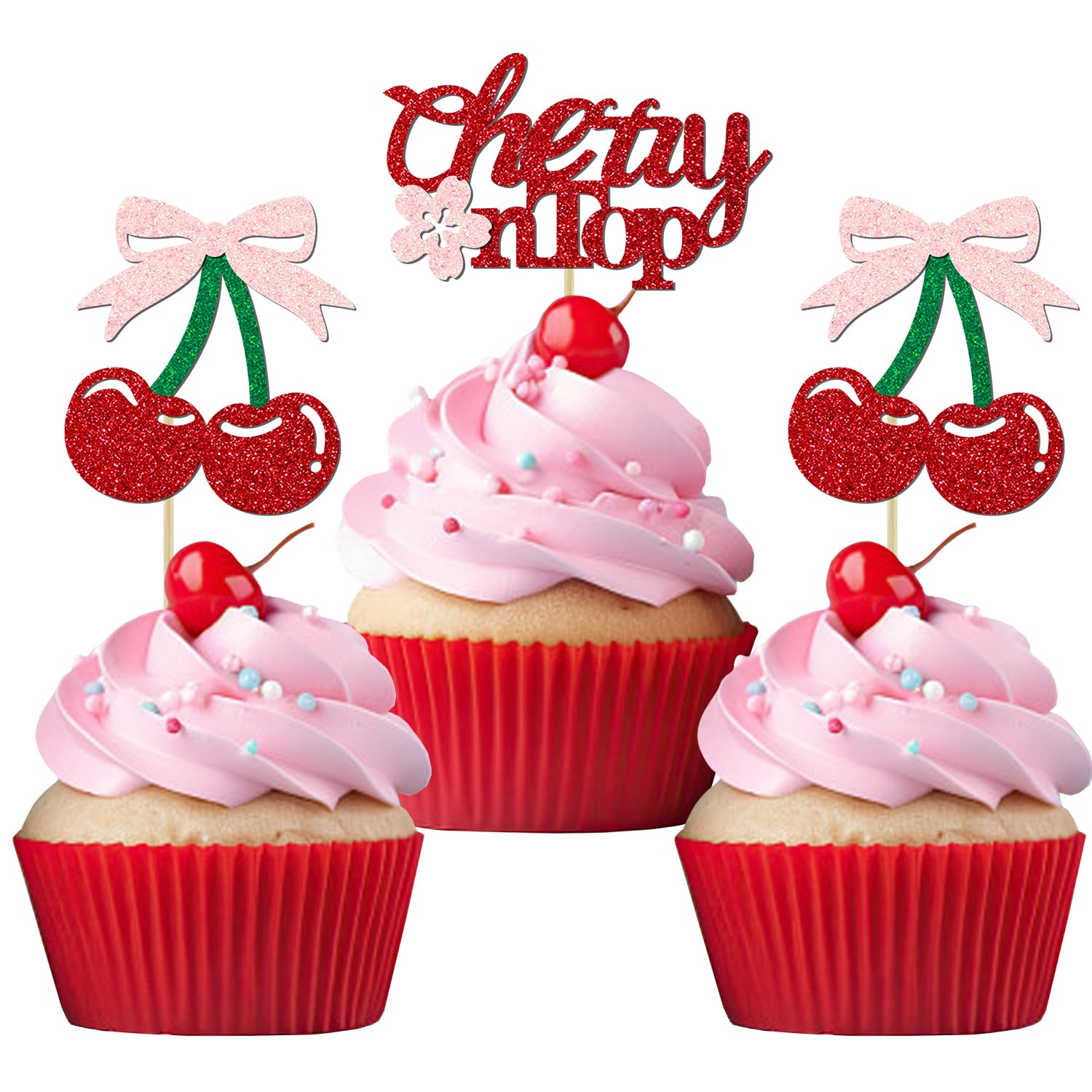 24 Pack She's the Cherry On Top Cupcake Toppers, Glitter Cherry Sweet Cake Pick for Fruits Theme Baby Shower and Bridal Shower Decorations Supplies (Top)
