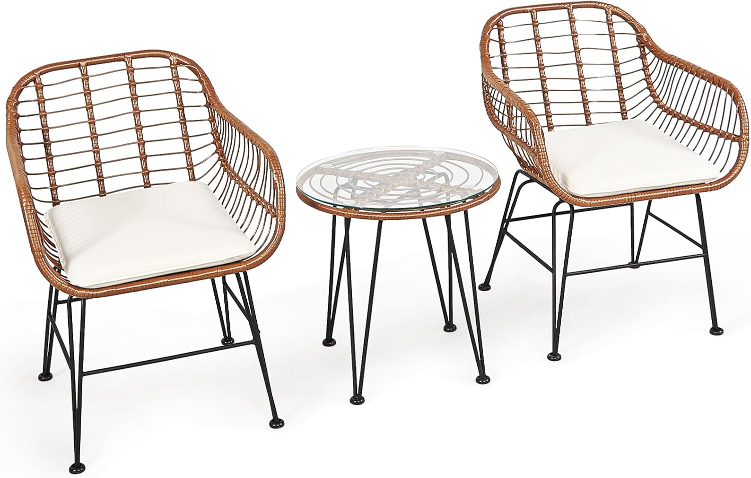 DORTALA 3 Piece Patio Bistro Set, Outdoor Wicker Furniture with Round Tempered Glass Top Table & 2 Rattan Armchairs, Cushions, Conversation Set for Porch, Backyard, Garden, White