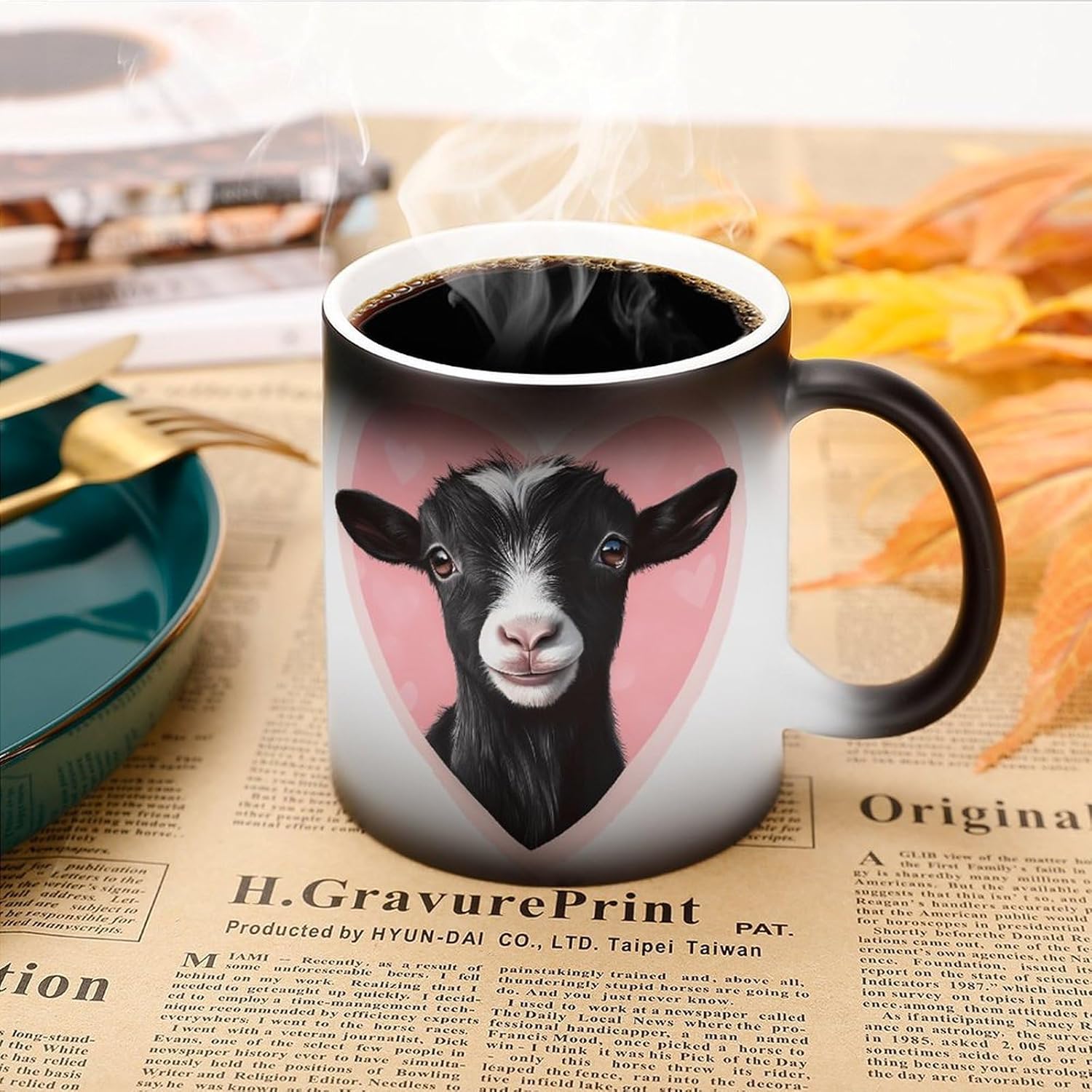 Black Goat in Love Color Changing Mug Heated Ceramic Cup Heat Sensitive Coffee Mug Fun Gift