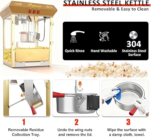 Miniatura 6 de Máquina comercial de palomitas de maíz de 16 onzas con carro, máquina de maíz vintage grande de 850 W con plataforma de calentamiento, máquina de