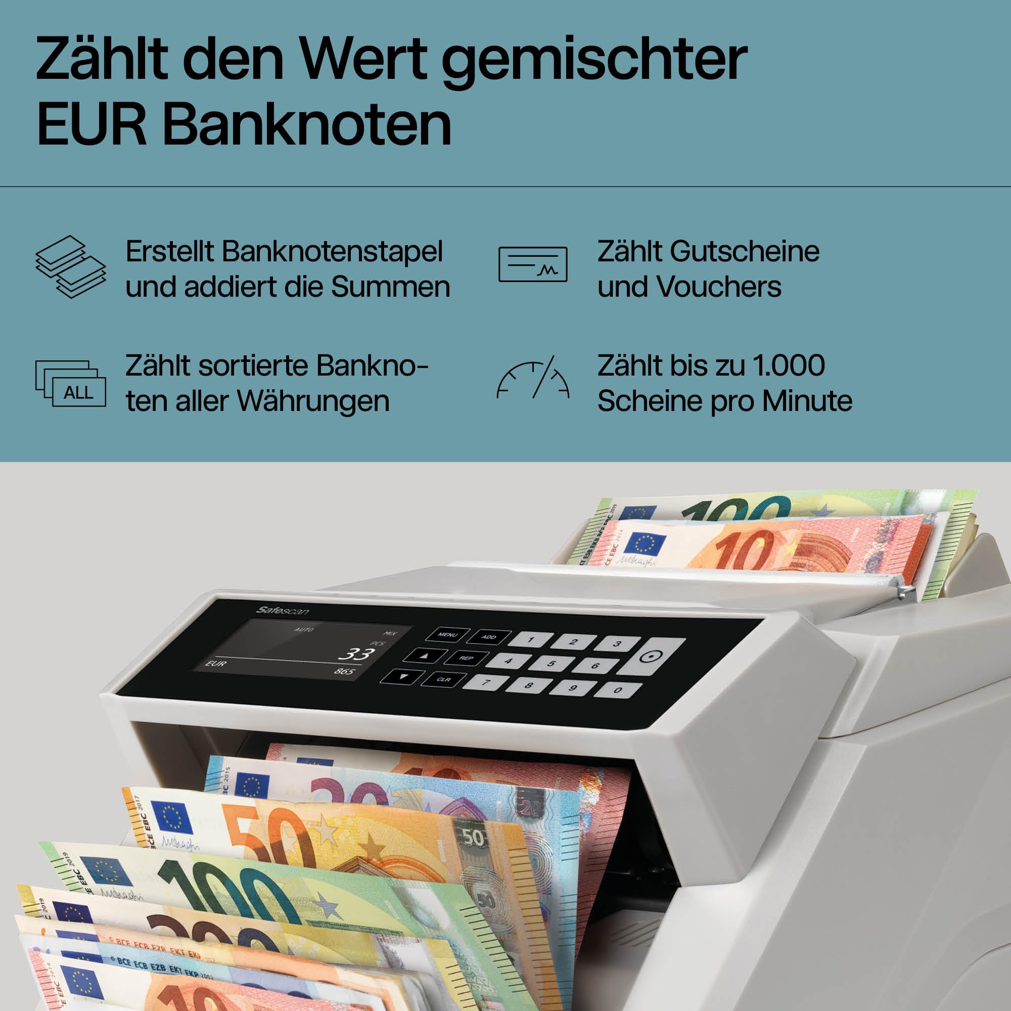 Safescan 2465-S Geldzählmaschine, Wertzählung für gemischte EUR-Banknoten - Banknotenzähler mit 7-facher Echtheitsprüfung - zählt sortierte Banknoten aller Währungen