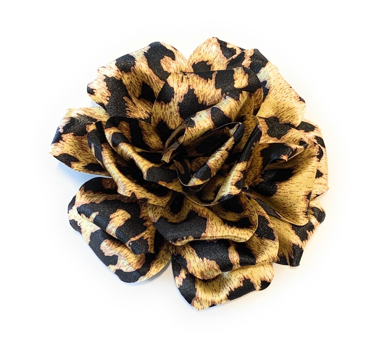 Large Rose Fascinator Corsage Hair Clip and Brooch Pin, Satin Flower, Multi-Colour Options (Leopard Print)