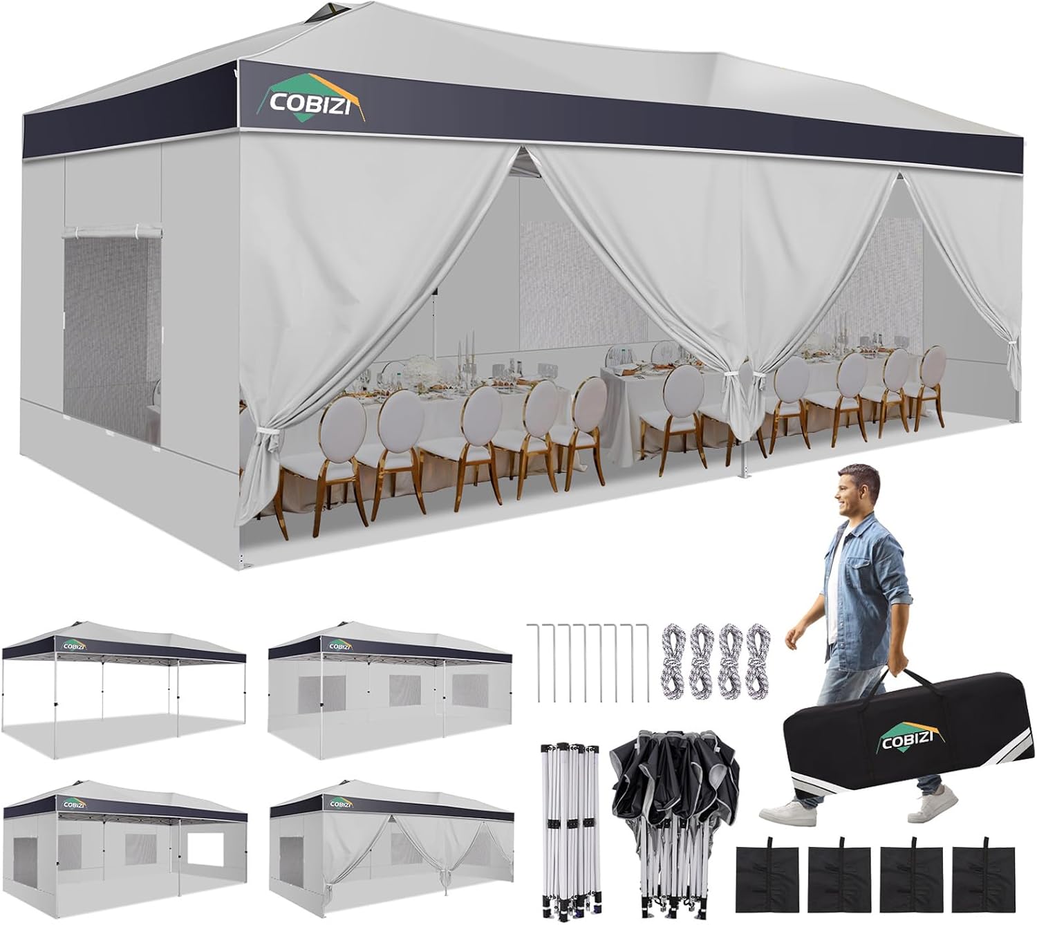 COBIZI 10x20 Pop Up Canopy Tent with 6 Removable Sidewalls, Easy Up Outdoor Canopy, UPF 50+ and Waterproof, Air Vent & Reflective Strip, 3 Adjustable Heights for Party,Wedding,Commercial-Sil Gray/Gray