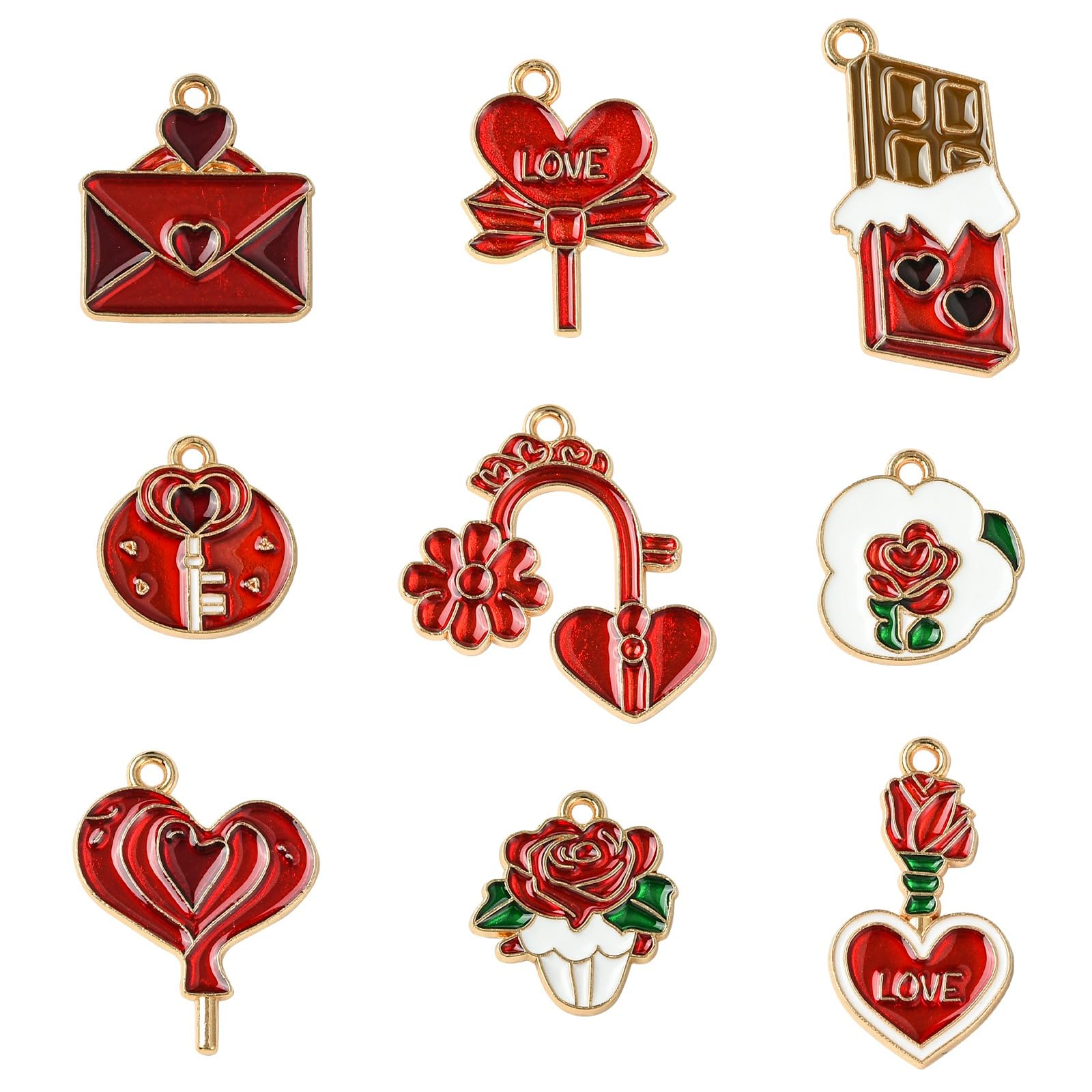 Stiesy 45Pcs 9 Styles Romantic Sweet Enamel Charms Valentine's Day Charms Red Heart Love Envelope Chocolate Flower Charm Pendant Bulk for DIY Date Necklace Bracelet Earring Presents