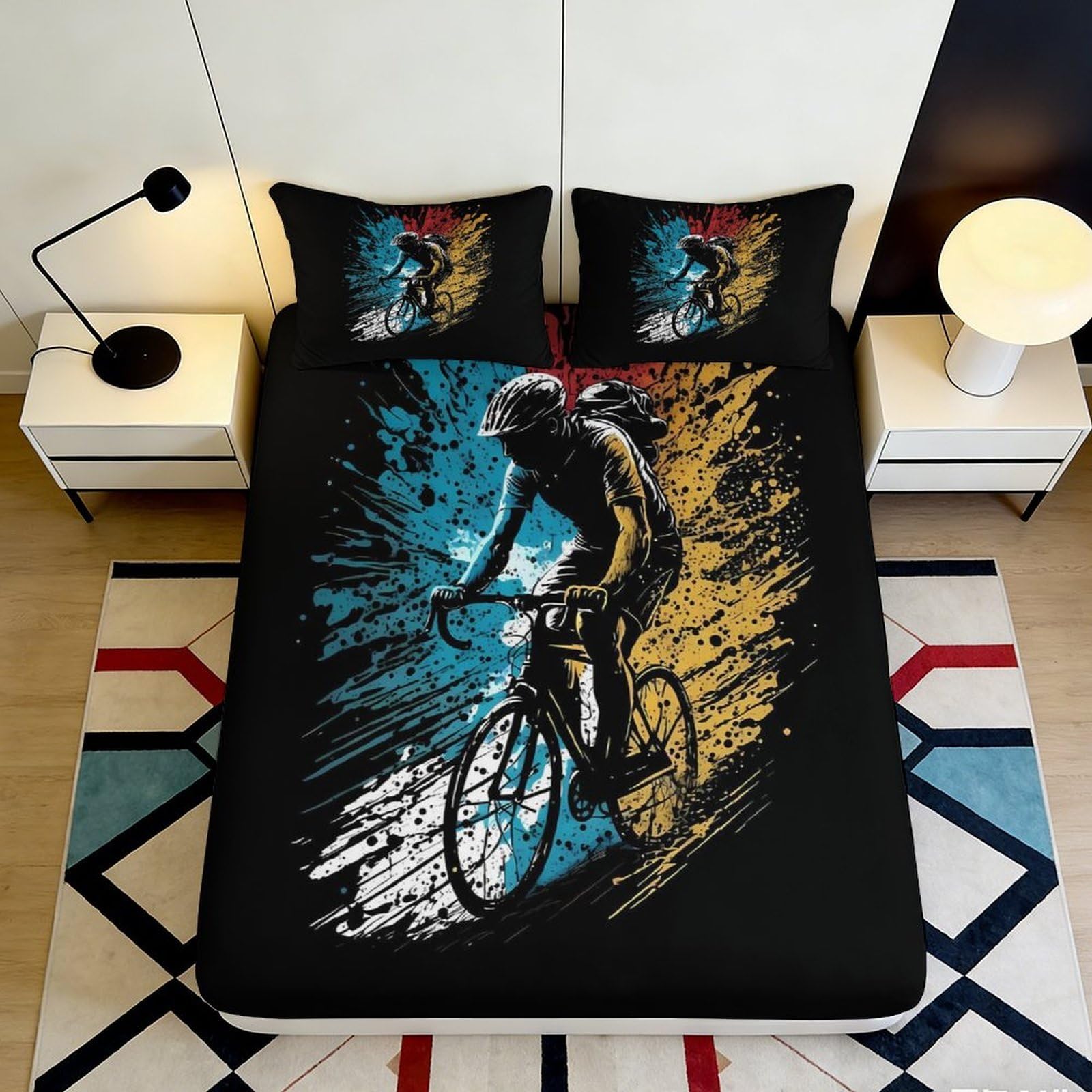 3D Printed Cycling Art Fitted Sheet Microfiber Soft Breathable Graffiti Bike Mattress Cover for Bedroom Dorm Decor 90x200x25cm