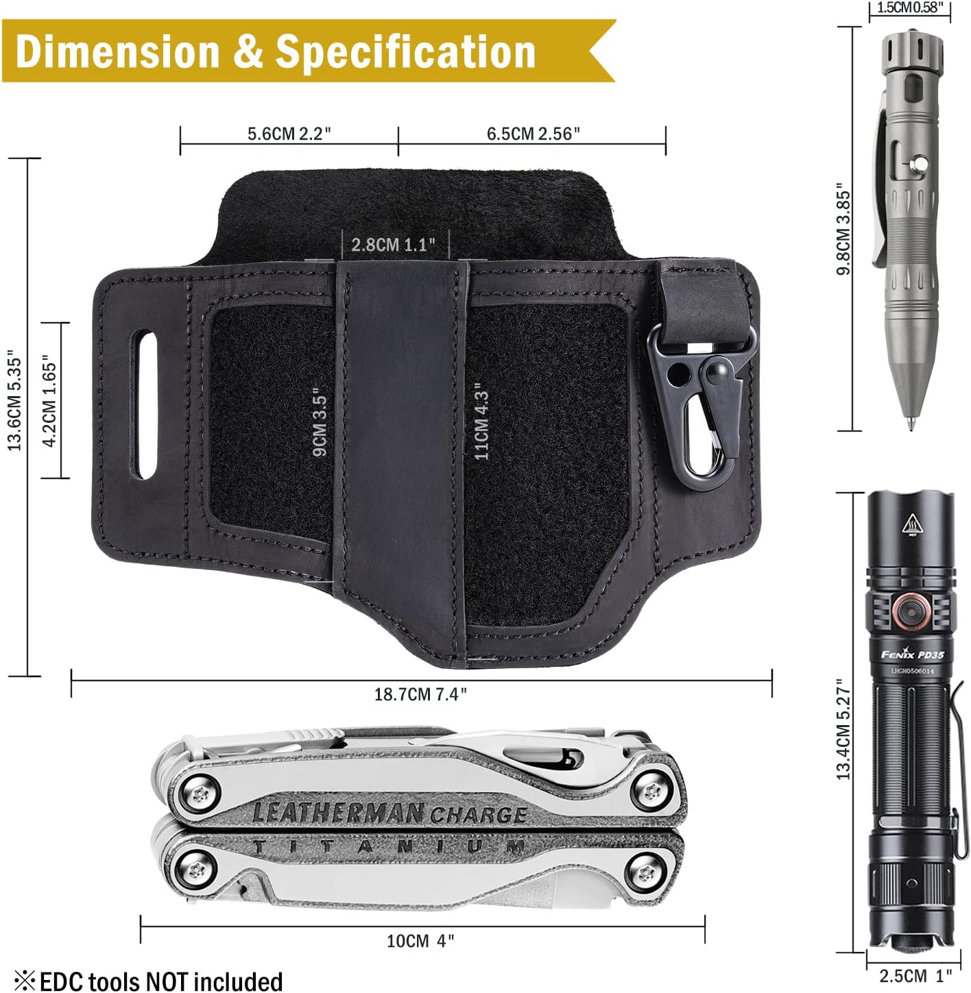 VIPERADE Leather Sheath for Belt, Tool & Knife, Men's Multitool & Flashlight Holster EDC Pocket Organizer with Key Holder (Black-1)