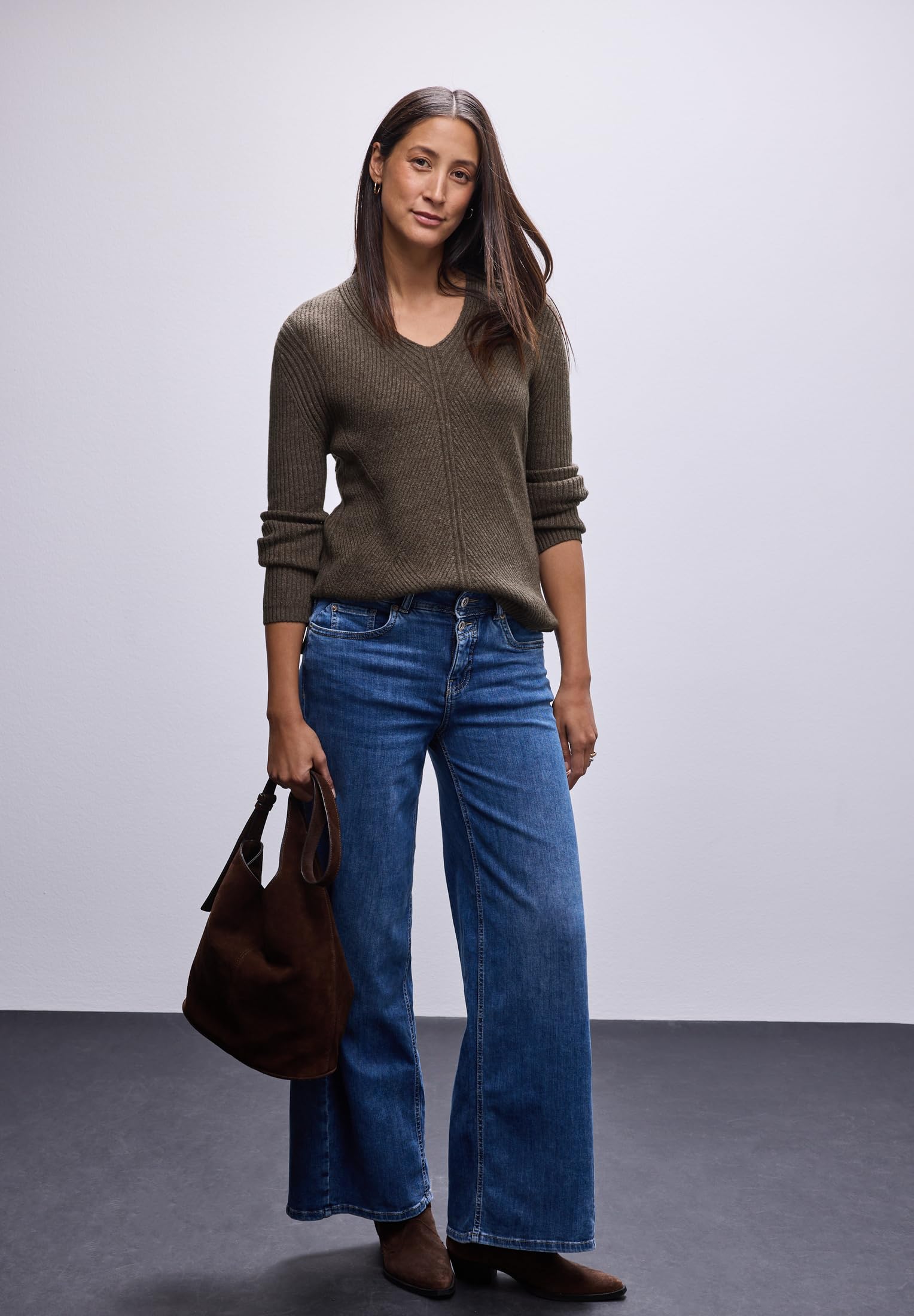 Street One Sweter strukturalny z dekoltem w serek Nomad Brown Mel. 40