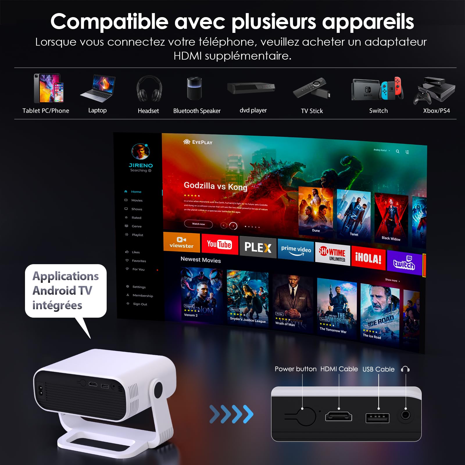 Videoprojecteur Intelligent 1080P Natif 4K WiFi 6 Bluetooth 5.2 210ANSI Correction Trapézoïdale Automatique Focus Électronique