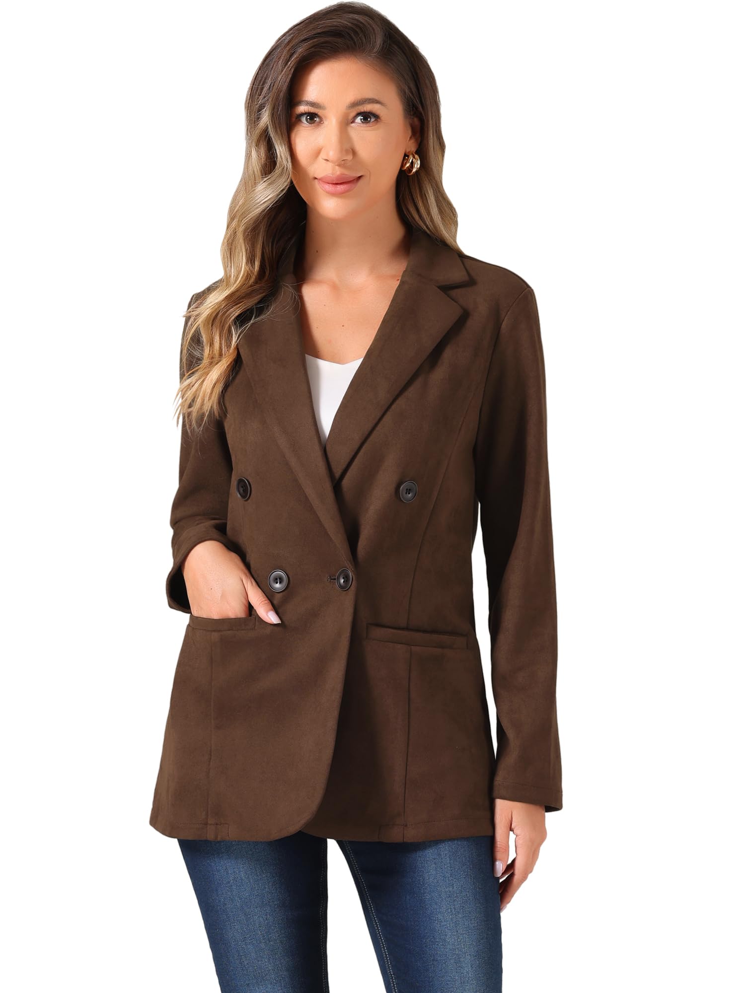Allegra K Faux Suede Blazer for Womens Business Casual Lapel Collar Double Breasted Suit Jacket