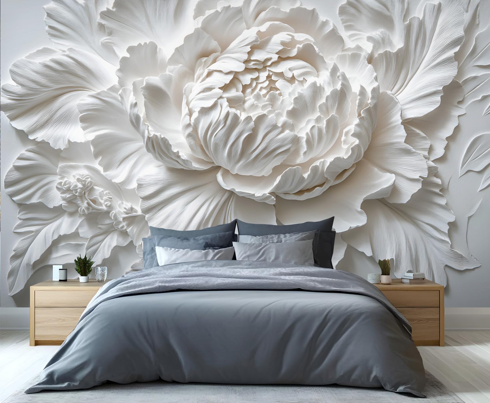 GIVLWF Peony Wallpaper, 3D Emboss Flowers Bedroom Wallpaper, European White Wall Paper for Living Room, Not Self Adhesive Light Luxury Wall Mural, Beauty Large Mural & Room Decor