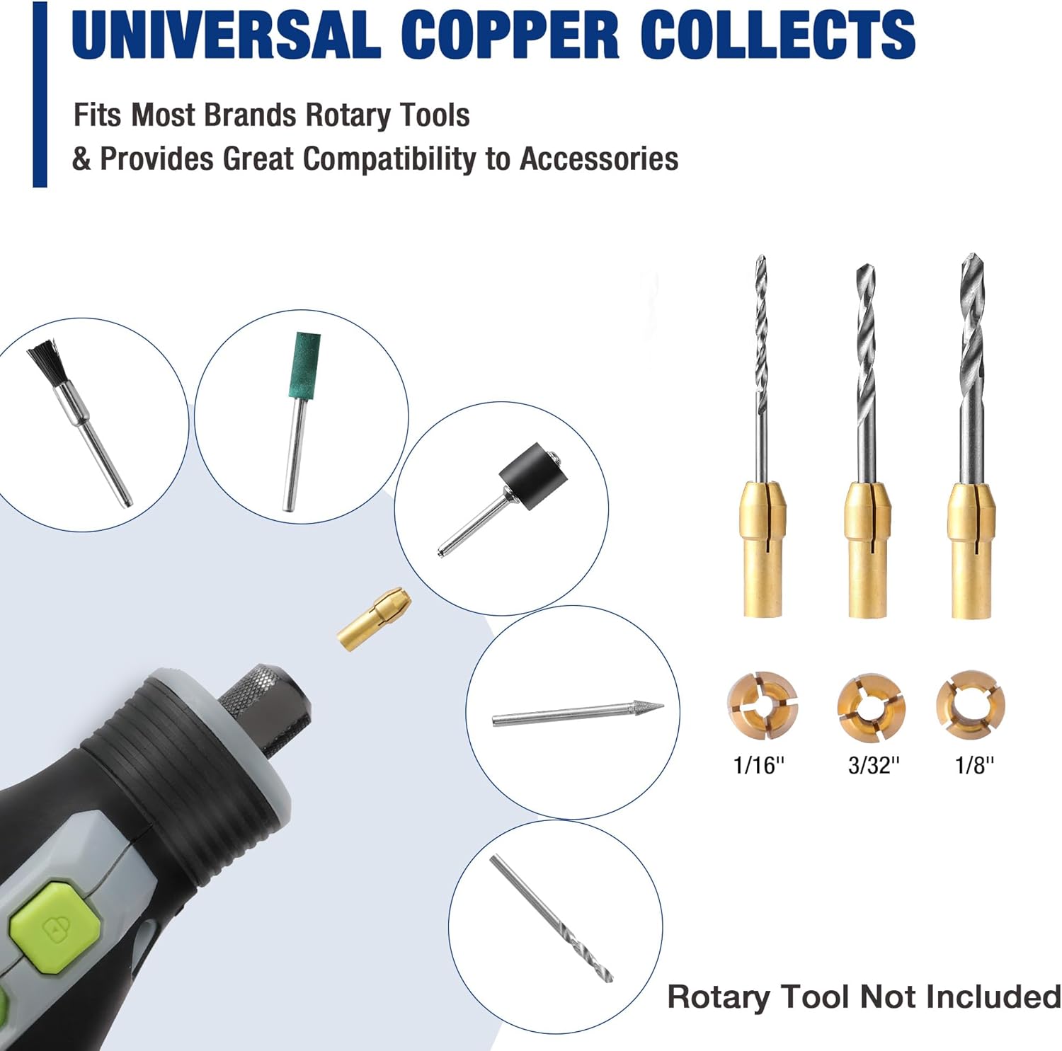 Image showing universal copper collets and various accessory shanks, demonstrating compatibility with different rotary tools.