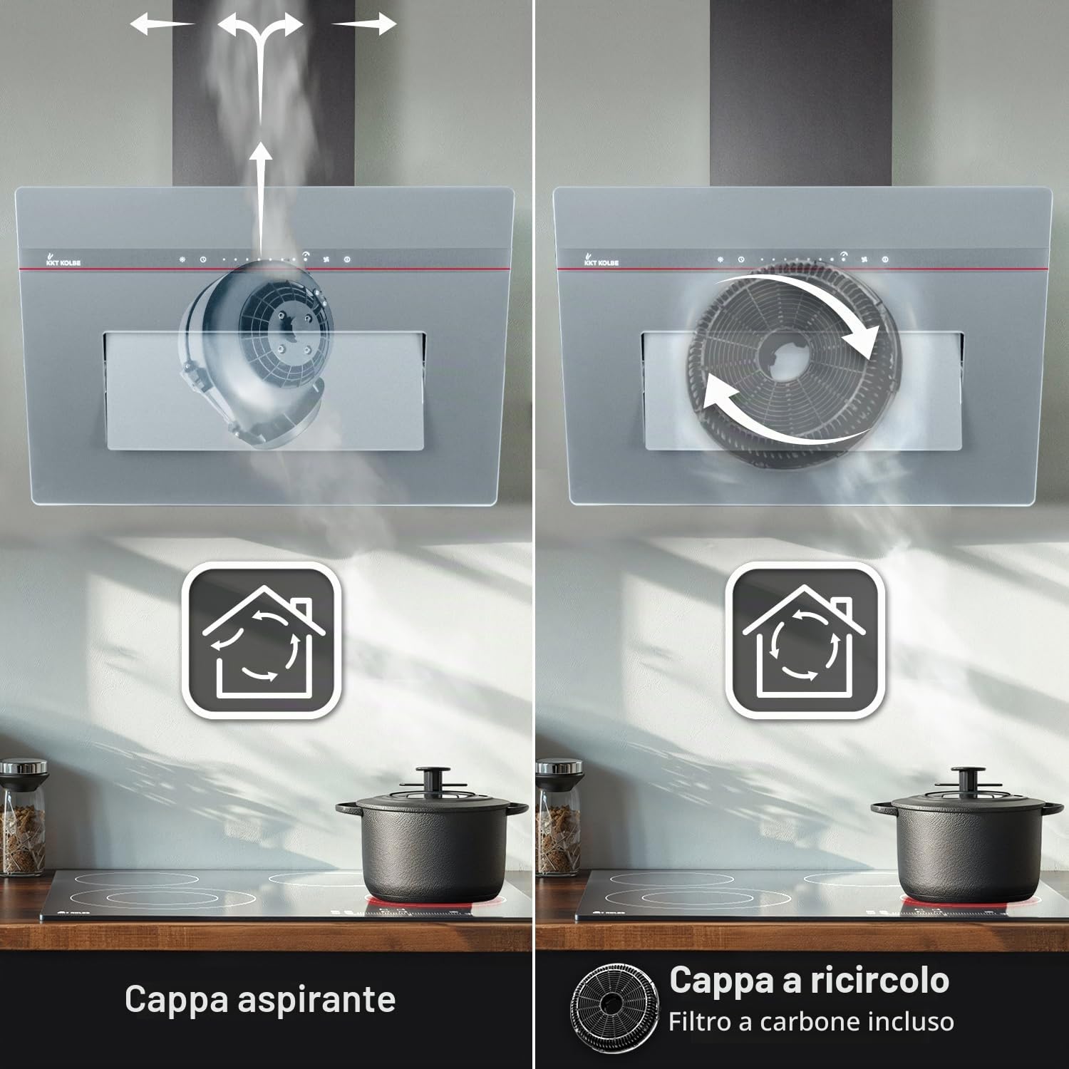 KKT KOLBE A+++ cappa aspirante 80 cm 782 cbm/h ricircolo aria di scarico senza testa | vetro grigio opaco | ricarica automatica | Smart WiFi App Wi-Fi | SensorTouch | Illuminazione LED RGBW |