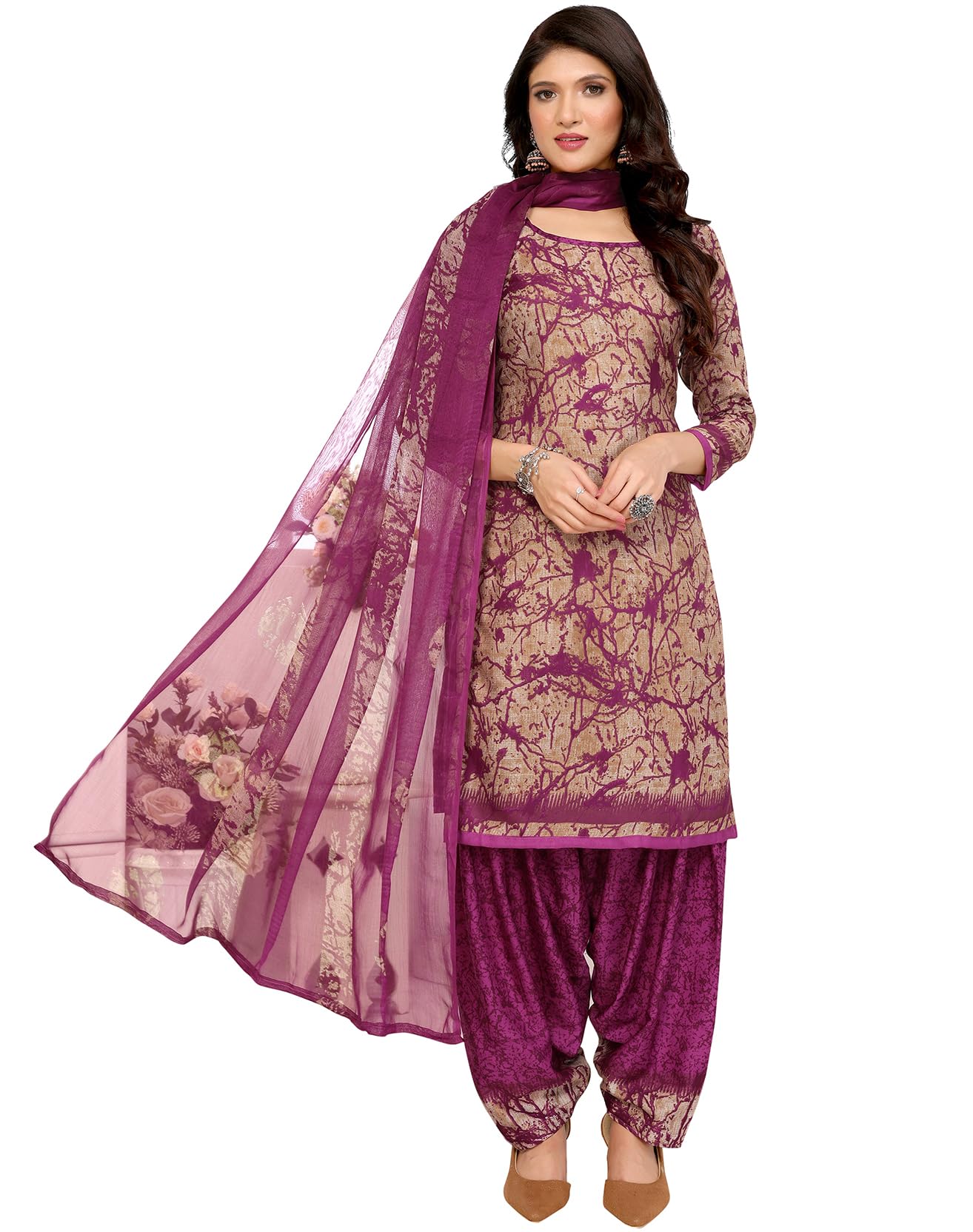 Women's Printed Dress Material - Unstitched Crepe Fabric Kurti, Pants & Dupatta Set