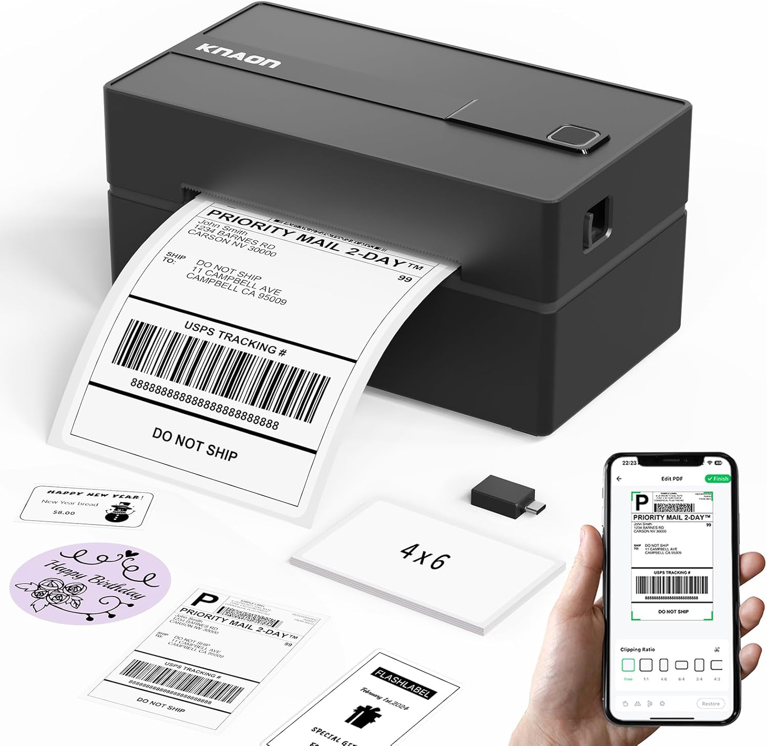 Bluetooth Thermal Shipping Label Printer, 4x6 Portable Thermal Address Label Printer for Small Business, Compatible with iPhone,Android,Windows,Mac,–Works with Ebay Shopify USPS&More, Black