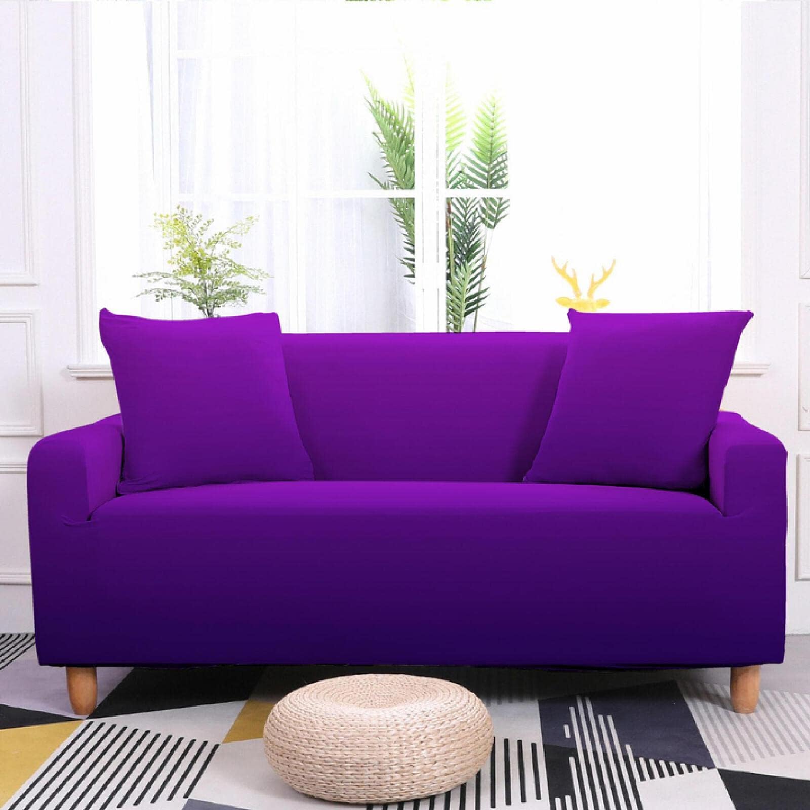 Elegant Deep Purple 4-Seater Couch Cover Protector - Soft Stretch Slipcover for Sofas, Dogs & Cats - Non-Slip Straps, Fits 93-118 inches Furniture Protection