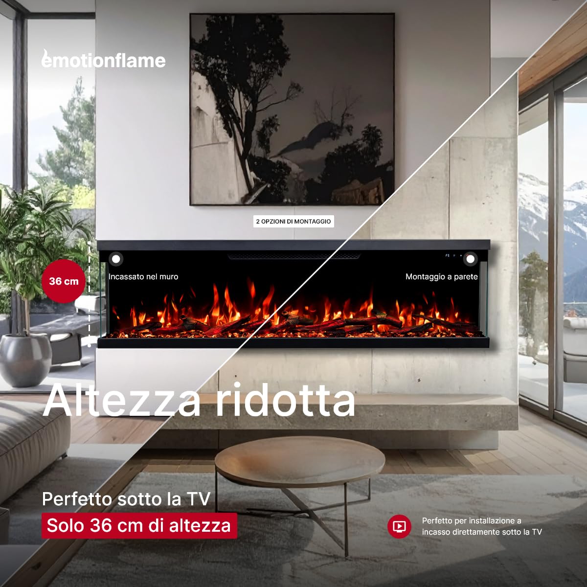 Unity - Camino elettrico a 3 lati, per montaggio a parete e da incasso, con riscaldamento 900/1800 W (127x36x19)