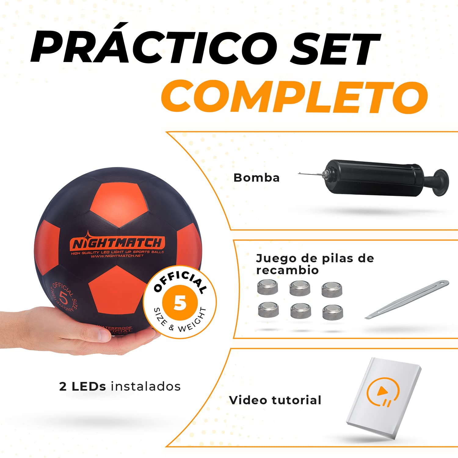 NIGHTMATCH Balón de Fútbol LED - Balon Futbol Talla 5 para Noches Inolvidables de Juego - Duradero y Seguro para Jóvenes - Incluye 2 LED y Baterías para Divertirse en la Oscuridad