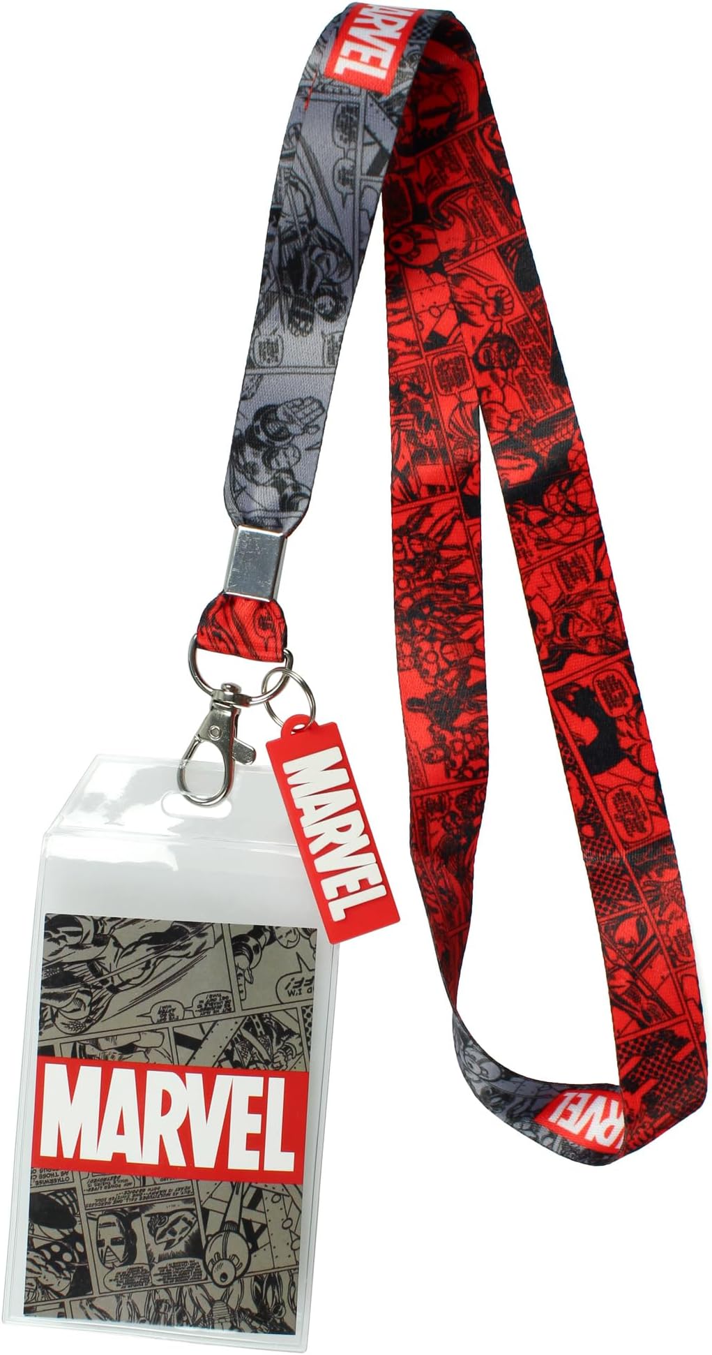 Marvel Lanyard ID Badge Holder, 2" Rubber Charm Pendant with Raised Script and 2 Sided Vintage Comic Strip Pattern