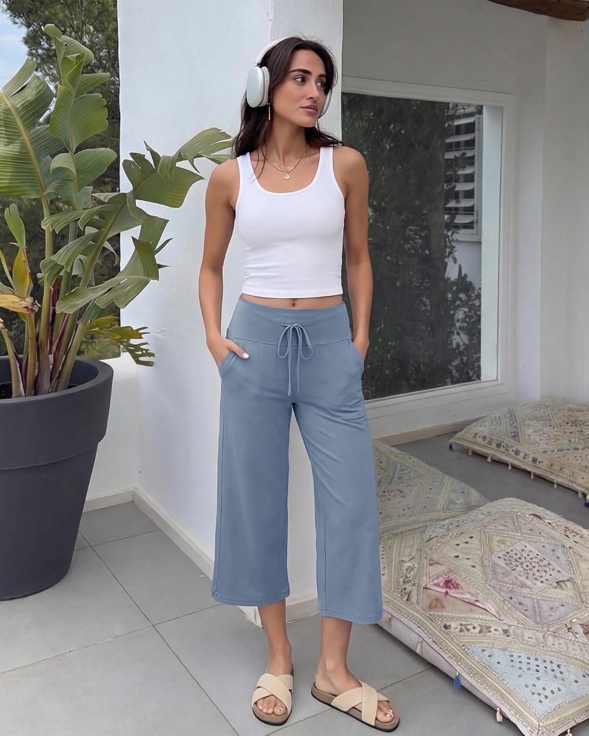ZOOSIXX Capri Pants for Women - Wide Leg Loose Casual Trousers with Pockets Summer High Waisted Drawstring Pants thumbnail