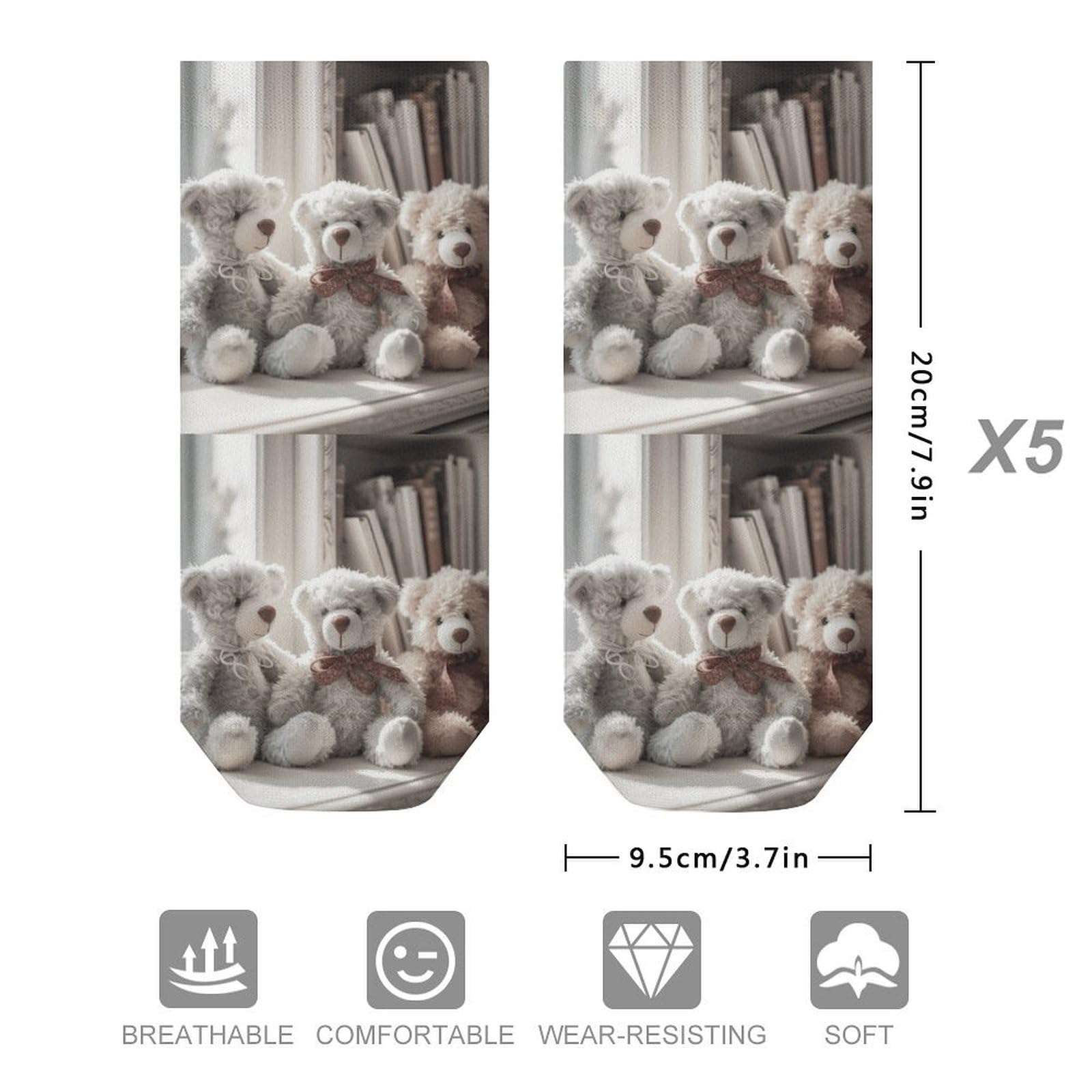 Bear Sitting on Shelf Ankle Socks for Men & Women, 5 Pairs Breathable Soft Low Cut Socks, Stretch Sweat Wicking Sox