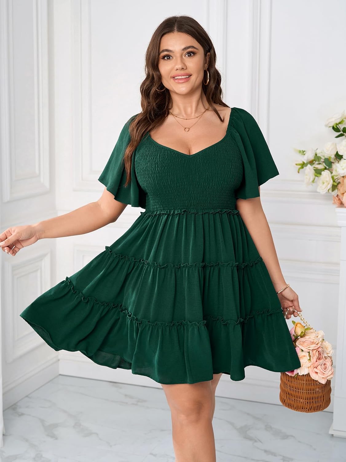 Womens Plus Size Casual Mini Dress Sweetheart Neckline Short Flutter Sleeve Smocked A Line Tiered Ruffle Dresses - Image 2