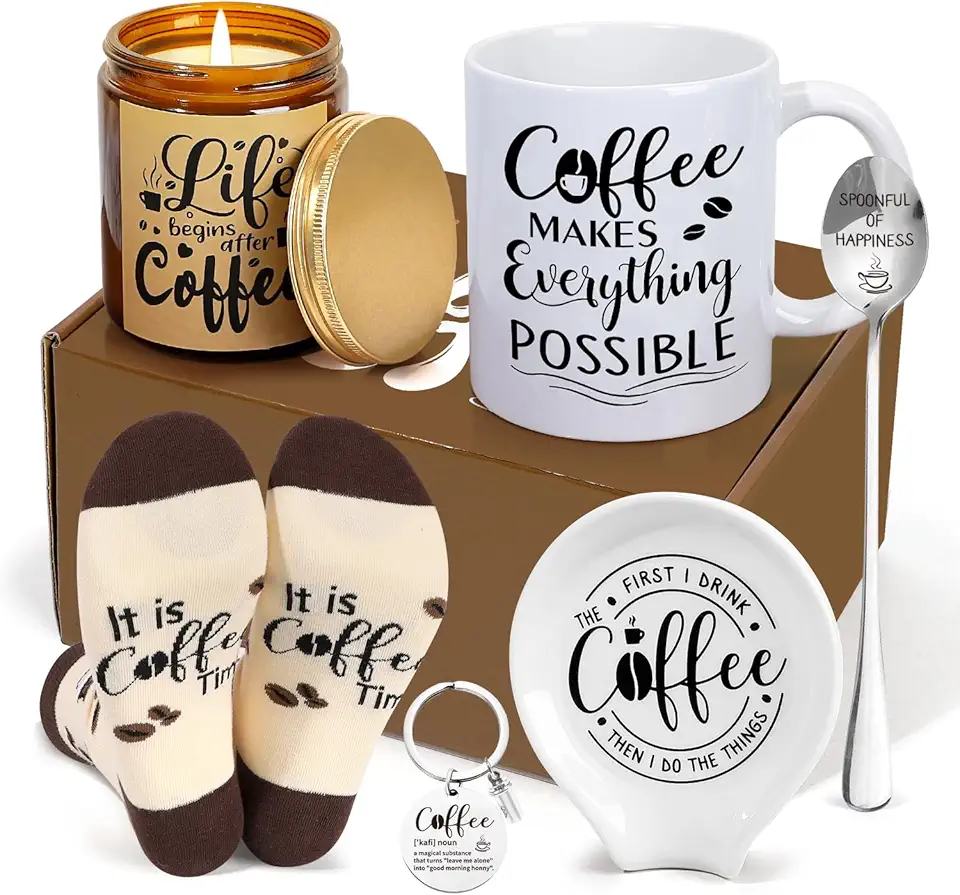 Coffee Gifts, 6PCS Coffee Gift Basket, Coffee Lover Gift Set Includes Coffee Mug Spoon Rest Holder Coffee Socks Keychain, Birthday Christmas Gift for Women Men Coffee Lover Friends