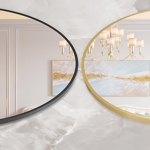 Miniatura 8 de Espejo redondo de 32 pulgadas para pared, espejo circular con marco de metal negro, espejo redondo de baño para decoración de pared, espejo de pared