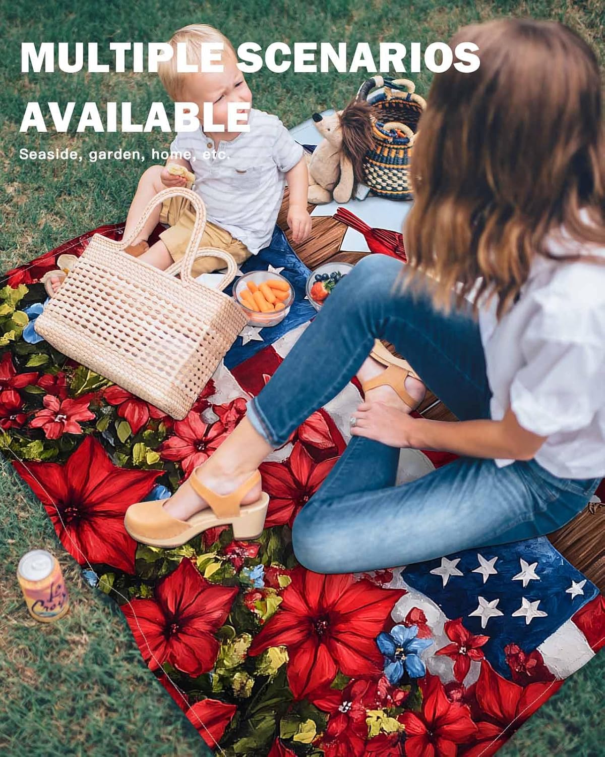 Independence Day USA Flag Bird Beach Blanket Extra Large 118x108in Outdoor Waterproof Sandproof Picnic Blankets with Stakes Lightweight Beach Mat for Camping Travel Hiking,Farmhouse Fence Flowers