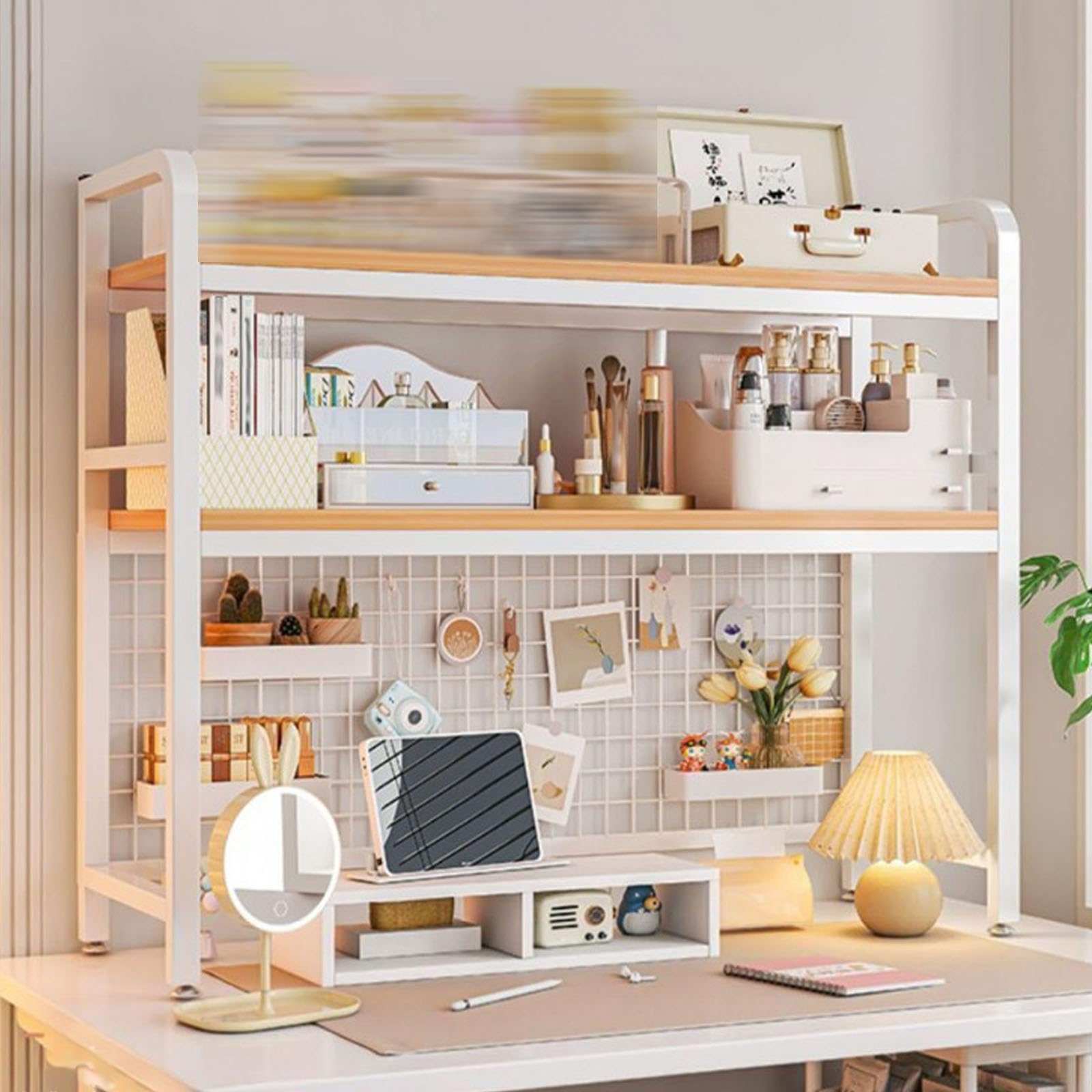 CWCQGH 2-Tier Desktop Bookshelf with Grid Panel - Multipurpose Desk for Dorm Room, Home Office, Countertop Organization & Display Shelf for Supplies,White-115cm/45.3in