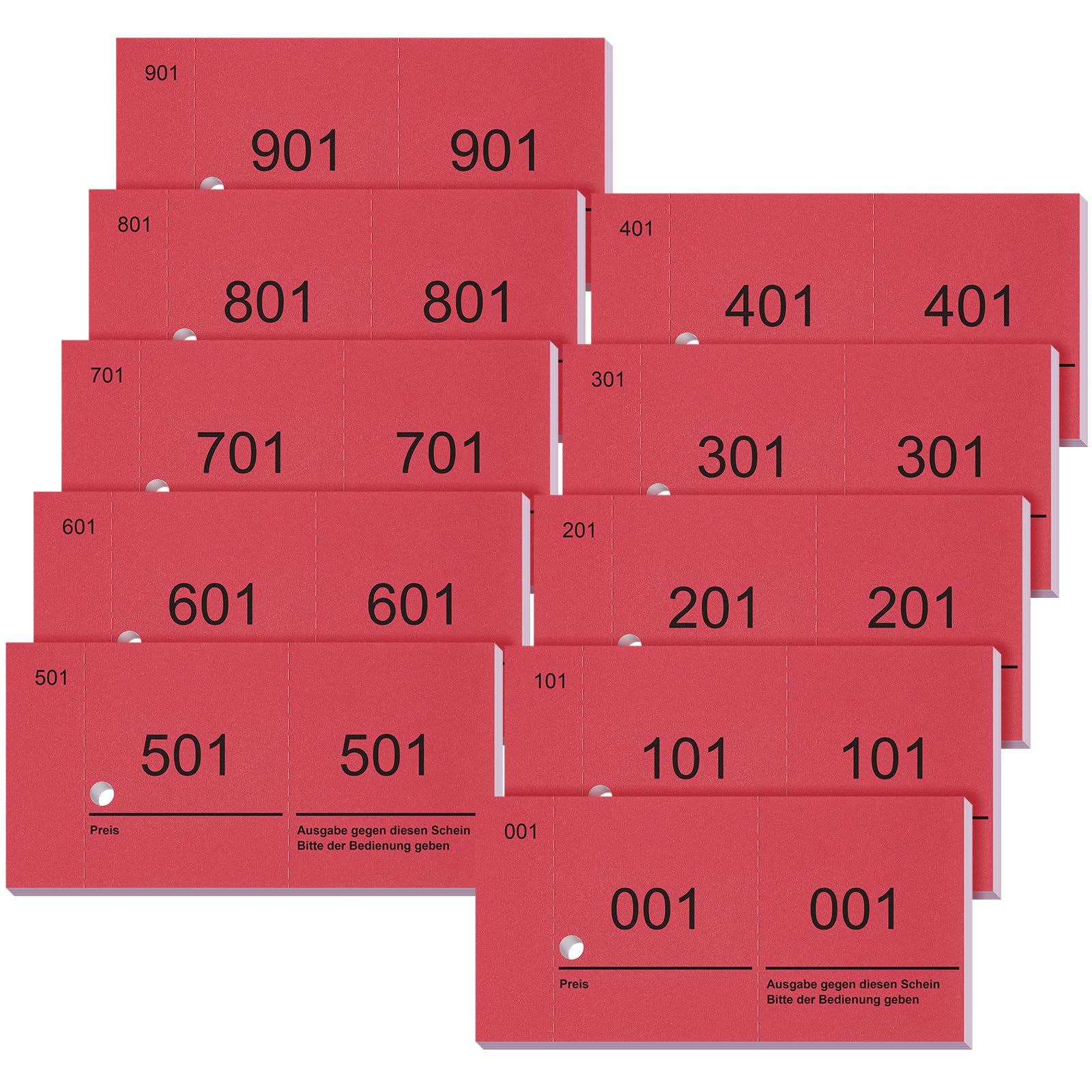 Nezyo Doppelnummern Blöcke 1-1000 Nummernblöcke Lose Nummeriert Garderobenmarken Großpackung Zahlenblöcke für Garderobe Events Party Messen, 10 x 5 cm(Rot)