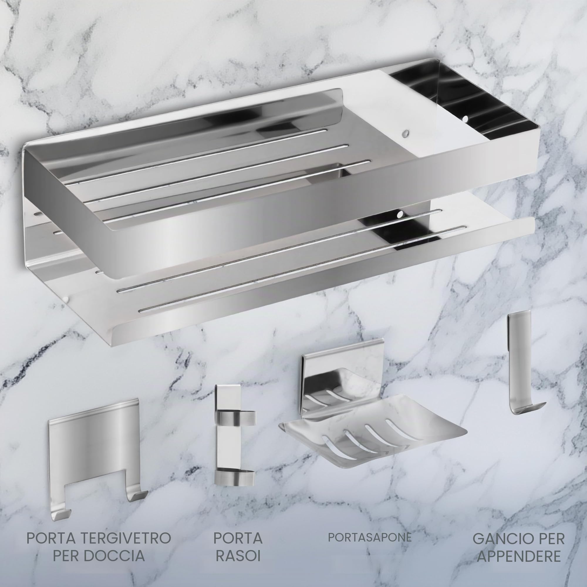 BELLE VOUS Mensola Doccia - Mensola Porta Bagnoschiuma da Bagno - Installazione Senza Foratura - Adesiva in Acciaio Inox - Organizer per Oggetti e Accessori - Soluzione 5-in1