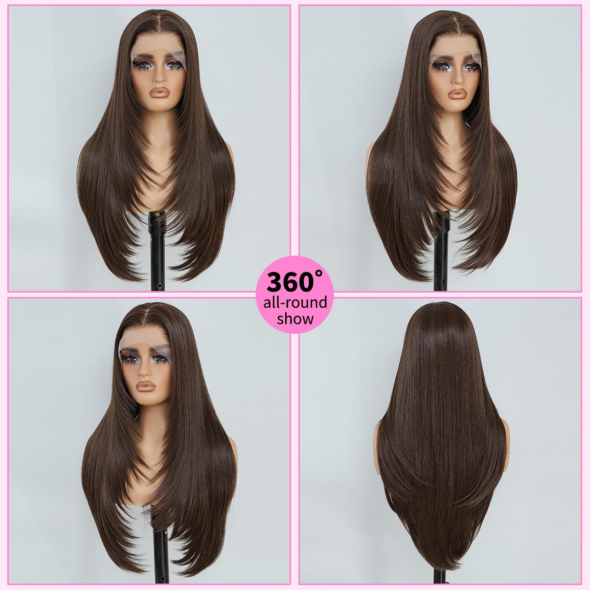 Synthetic 13x4 Lace Front Wigs Pre Plucked Chocolate Brown Straight Wigs For Women Ready to Wear Glueless Wig With Bangs Long Layered Straight Wigs 100% Futura Premium Fiber 26 Inch Beginner Friendly