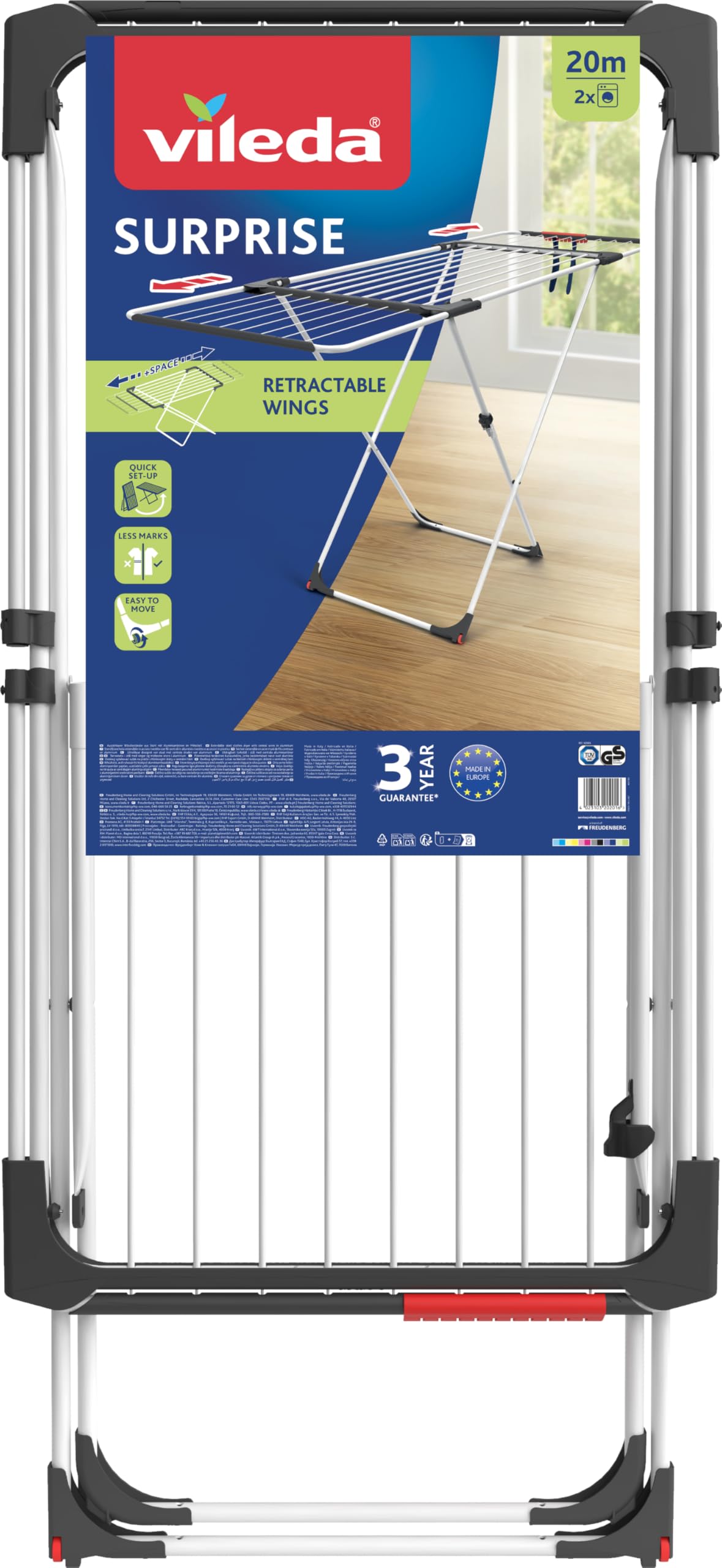 Vileda Surprise Tendedero Extensible de Acero y Aluminio, 11-20 m de Tendido, Soporte para Prendas Pequeñas, Ruedas, Blanco