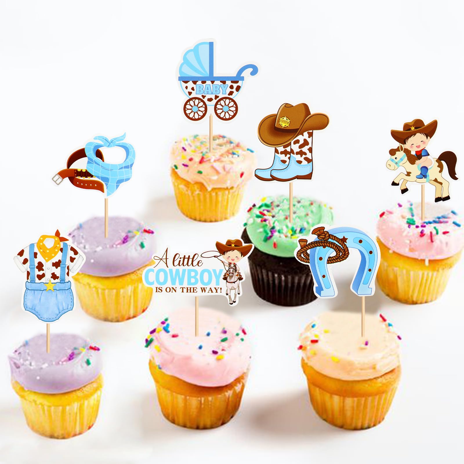 24 Décorations Cupcakes Cowboy – Pour Anniversaire, Baby Shower – Papier Qualité Alimentaire, Bâtons Inclus – Thème Western