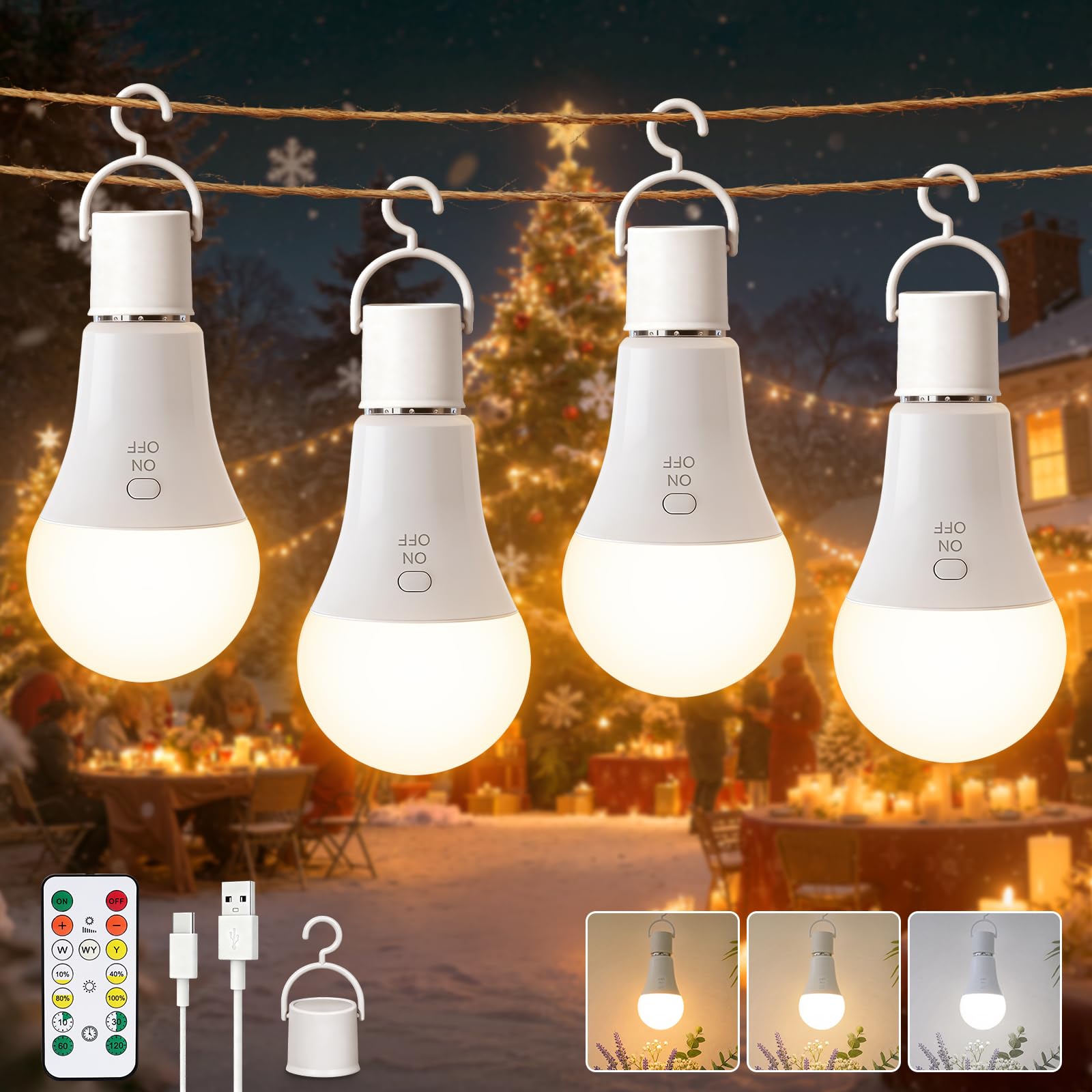 Ketom 4 Piezas Bombilla Recargable E27, Bombilla con Mando Usb, 7 W Bombillas Inalámbricas Recargables, 3 Temperaturas de Color & Regulable, Temporizador, para Acampadas Iluminación de Emergencia