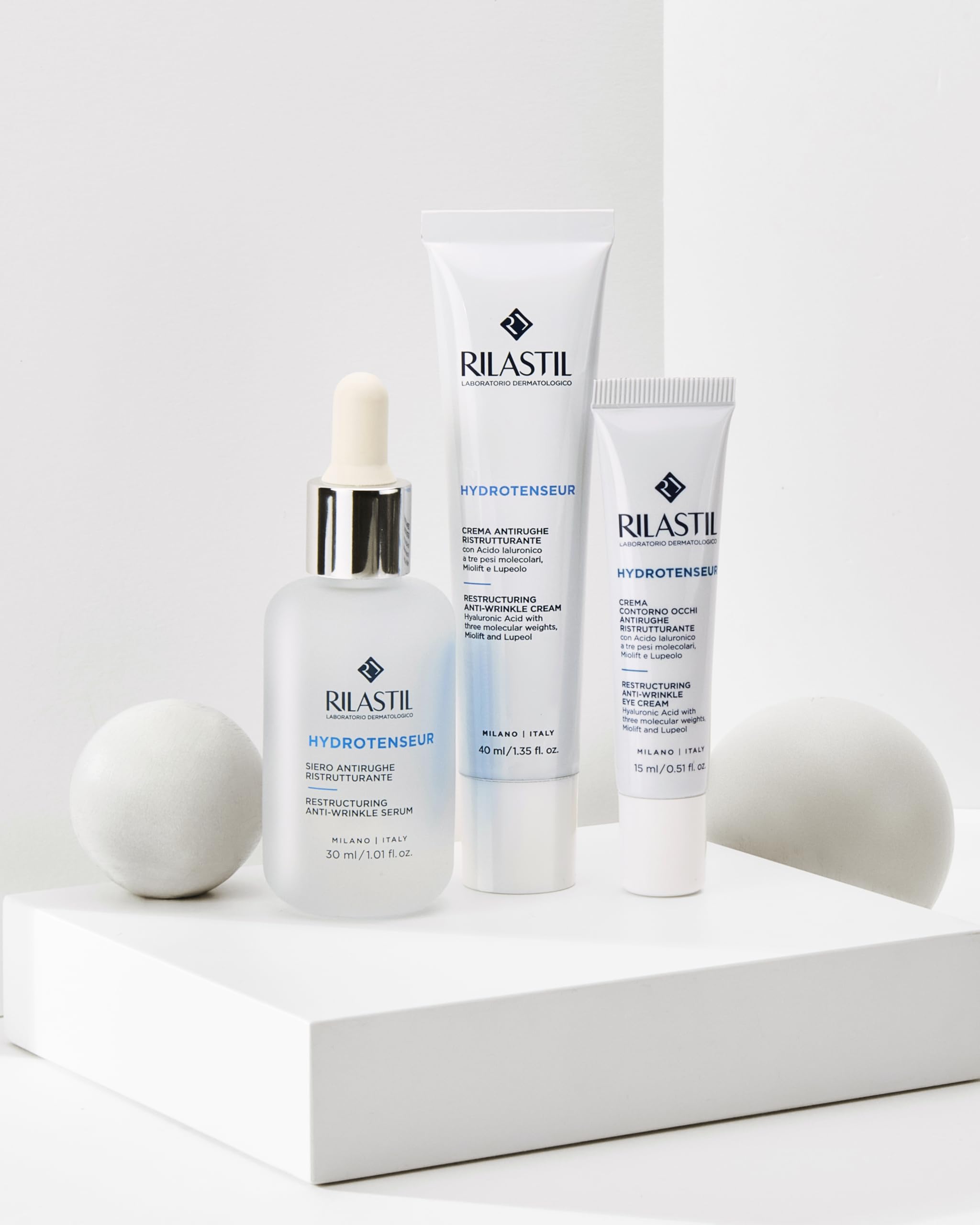 Rilastil, routine anti-age con Hydrotenseur Contorno Occhi, Hydrotenseur Crema Antirughe Ristrutturante, Hydrotenseur Siero Antirughe Ristrutturante