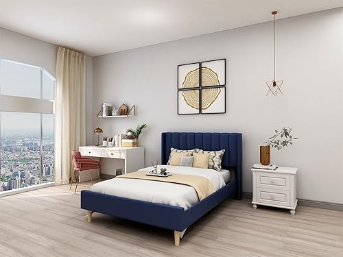 Miniatura 3 de Cama de plataforma tapizada de perfil bajo, camas matrimoniales con azul oscuro (lino)