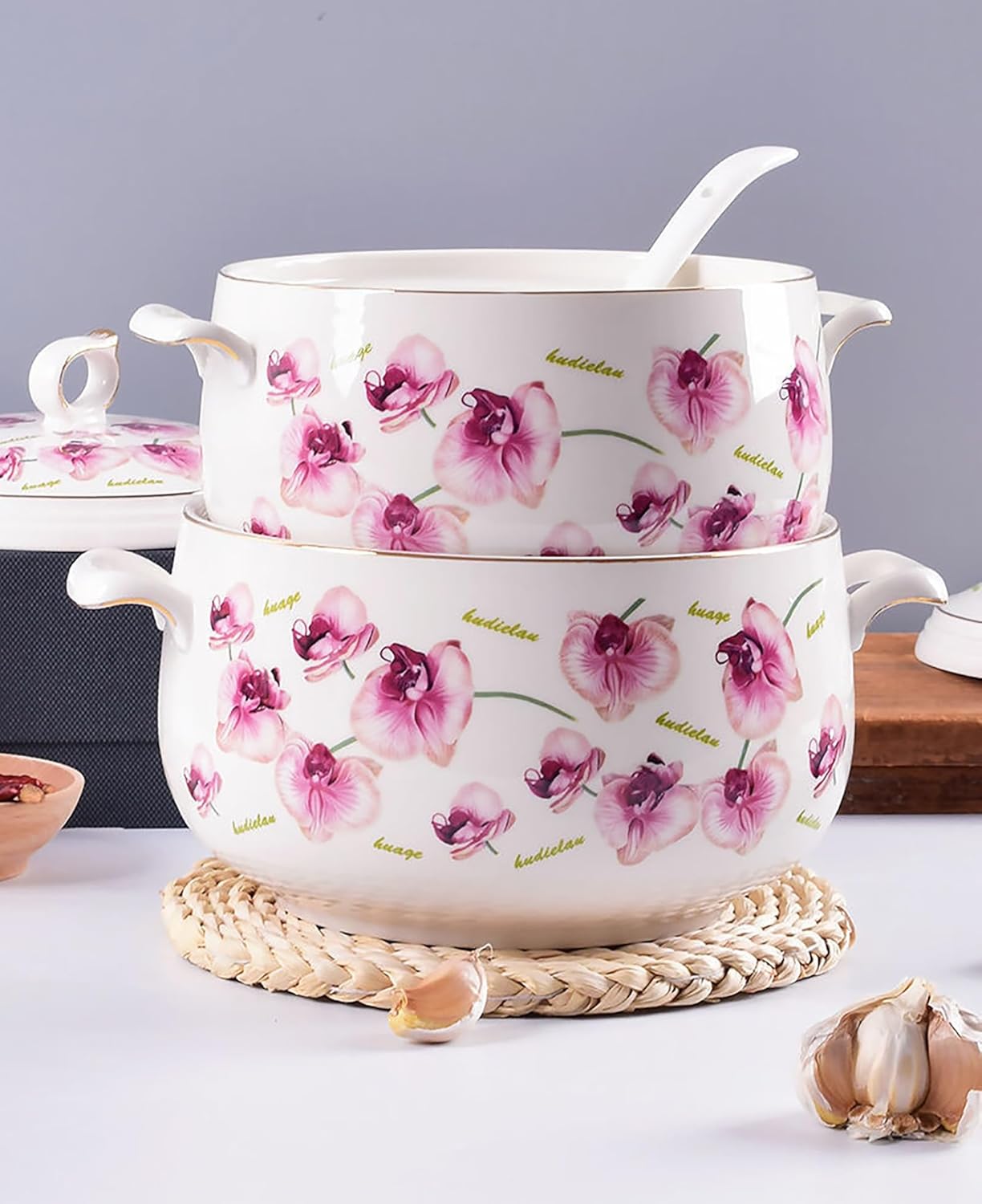 soup serving bowl White Ceramic Soup Tureen with Lids,serving bowls & tureens Cooking Pot Stockpot for Serving Salad Pasta Noodles Stew, Microwave and Dishwasher Safe