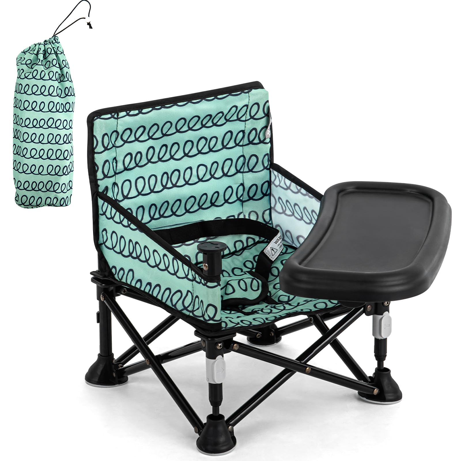 Toddler Booster Seat for Dining Table & Kitchen Chair - Portable Foldable with Removable Tray, Baby Camping Chair 6-36 Months Indoor Outdoor (Green Stripe)