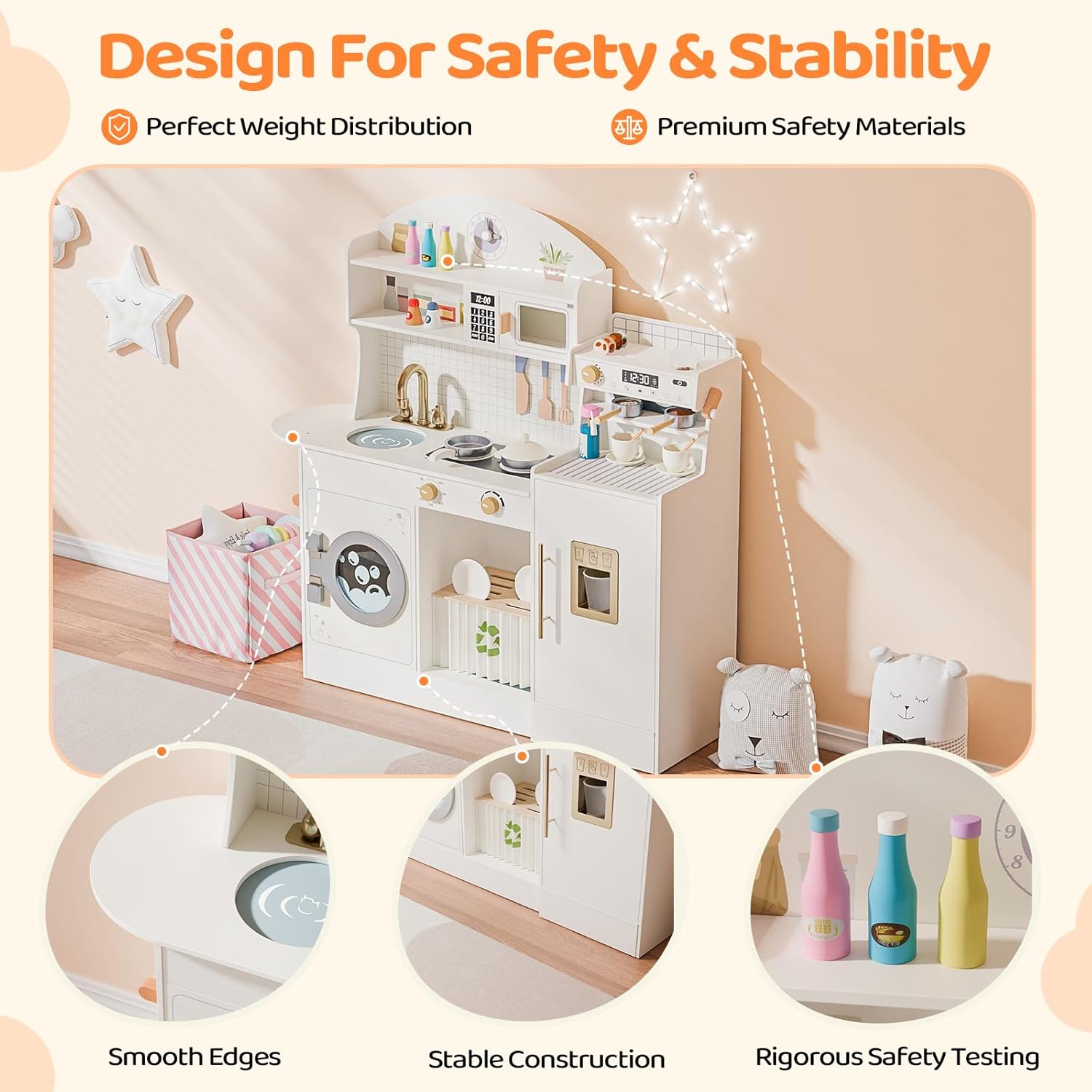 Safety features of the JOYMOR Play Kitchen, showing smooth edges and stable construction.