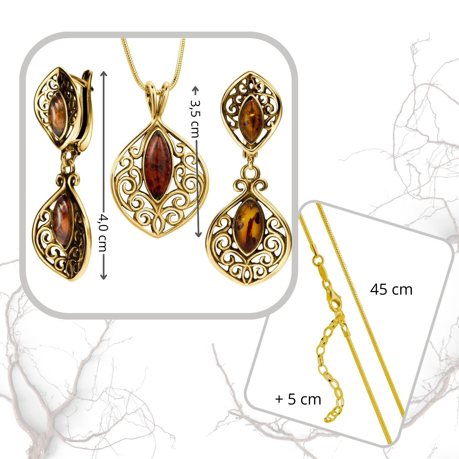 Conjunto De Joyas De Mujer En Plata Dorada Con Ámbar Y Collar Ajustable Estilo Vintage